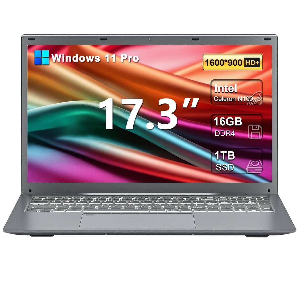 Soulgenix Laptop Windows 11 Pro 17,3" HD+ 2025 para Estudiantes y Negocios, 16GB DDR5, 1TB SSD, Intel 4 núcleos N100 (hasta 3.4 GHz), Teclado con Retroiluminación, Lector de Huellas, Type-C, con Licencia de Office de por Vida