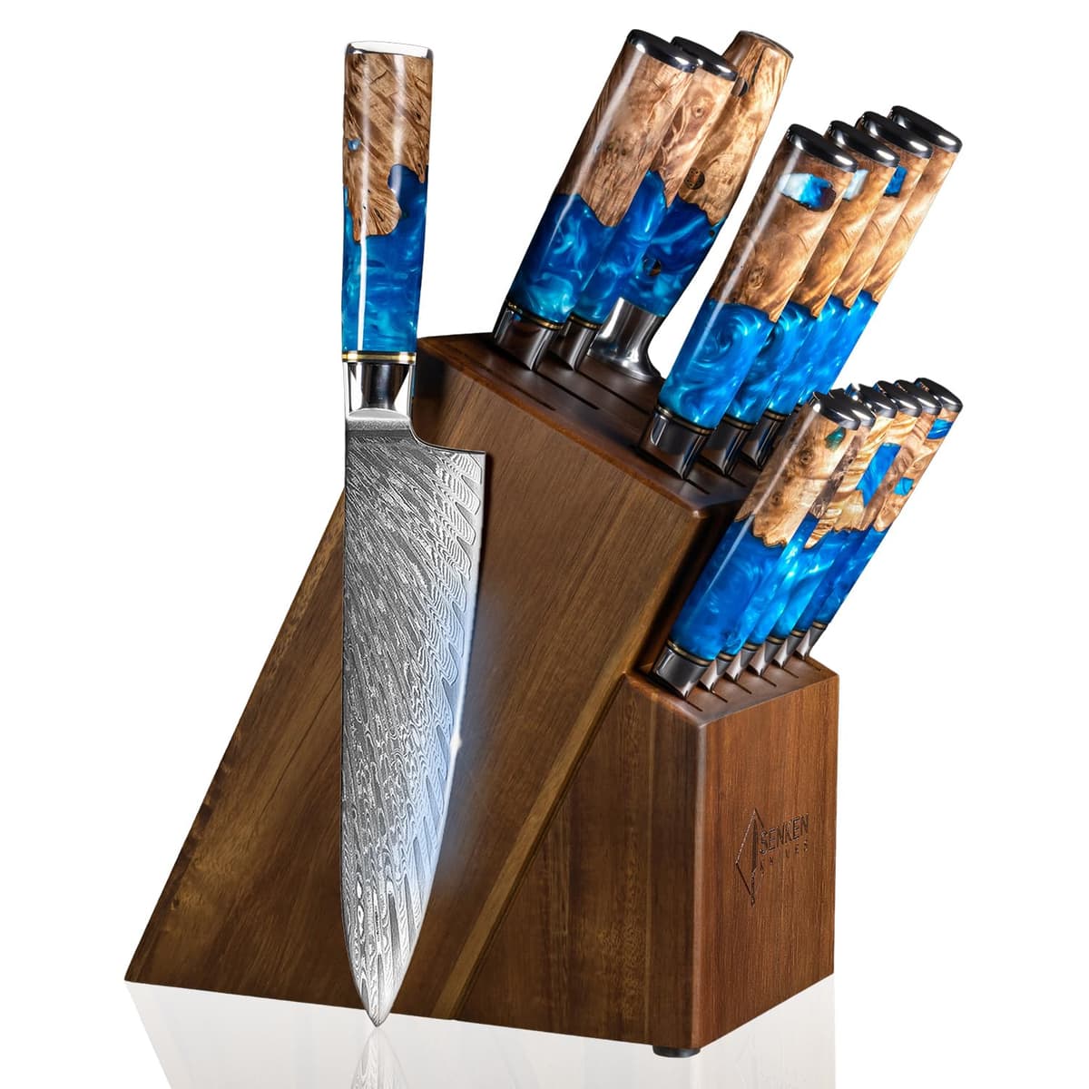 SENKEN Juego de cuchillos Damascus 15 piezas colección Tsunami, acero VG10 67 capas TsunamiBlockSet