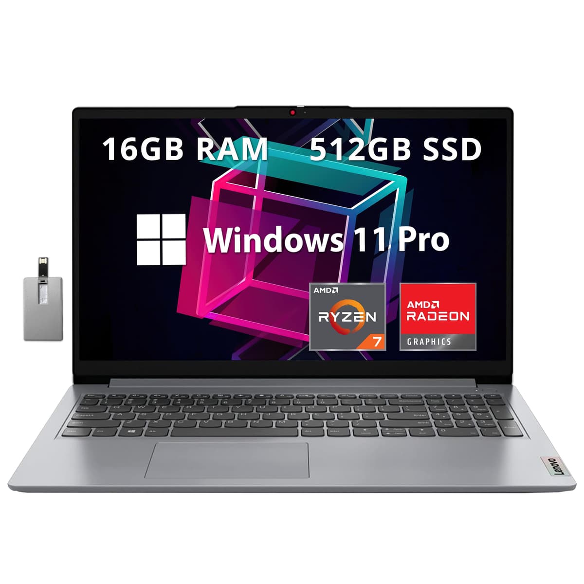 Lenovo IdeaPad 1 15.6" FHD anti-reflejo, AMD Ryzen 7 5700U, 16GB RAM, 512GB SSD PCIe, gráficos AMD Radeon, webcam HD, Wi-Fi 6, Bluetooth, Windows 11 Pro, Gris Cloud, tarjeta USB Hotface 32GB