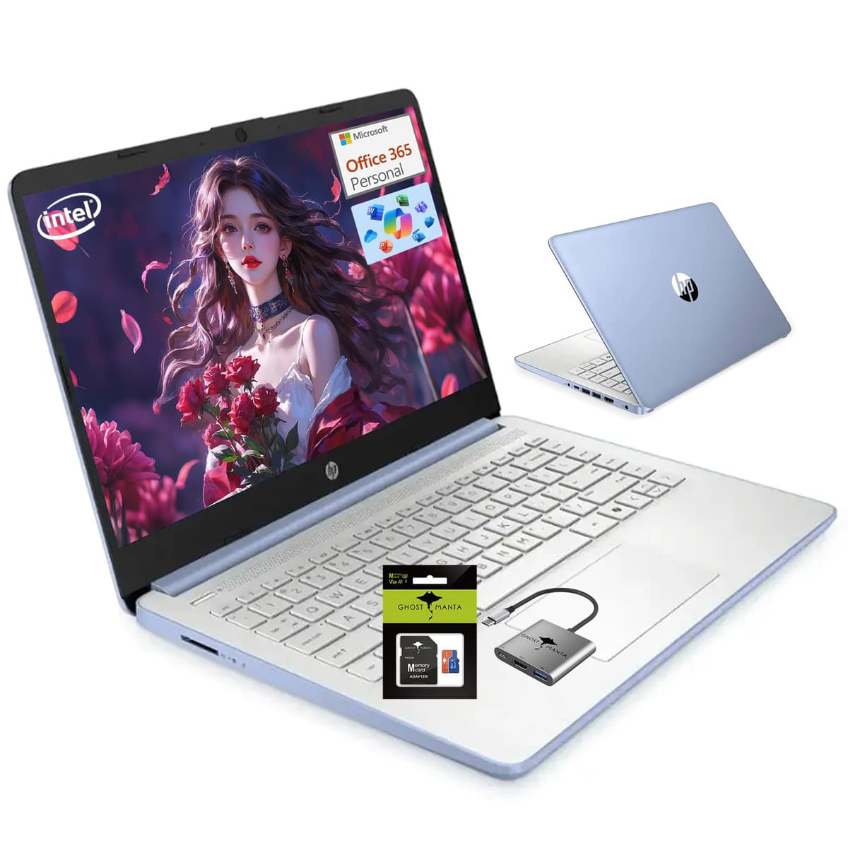 HP 14" para Estudiantes Negocios Ultraligera, Procesador Intel Core (Mejor que i3), 16GB RAM 1.38TB Almacenamiento (128GB UFS +256GB tarjeta SD + 1TB OneDrive) Microsoft 365 Wi-Fi 6 Win11 con Accesorios GM
