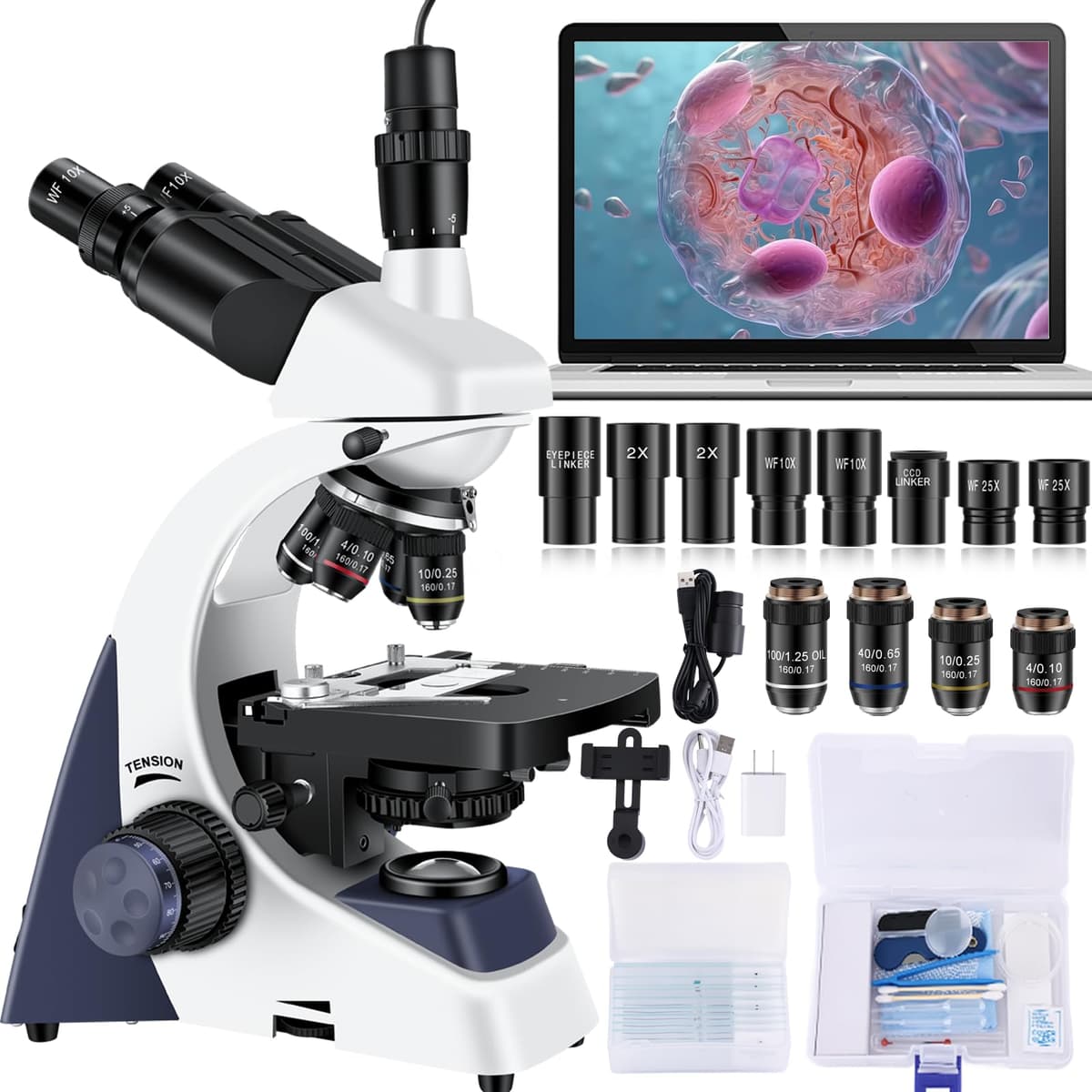 Microscopio Woehrsh para Adultos 40X-5000X Magnificación Grado de Laboratorio con Doble Platina Mecánica y Cámara USB HD Trinocular cv-346
