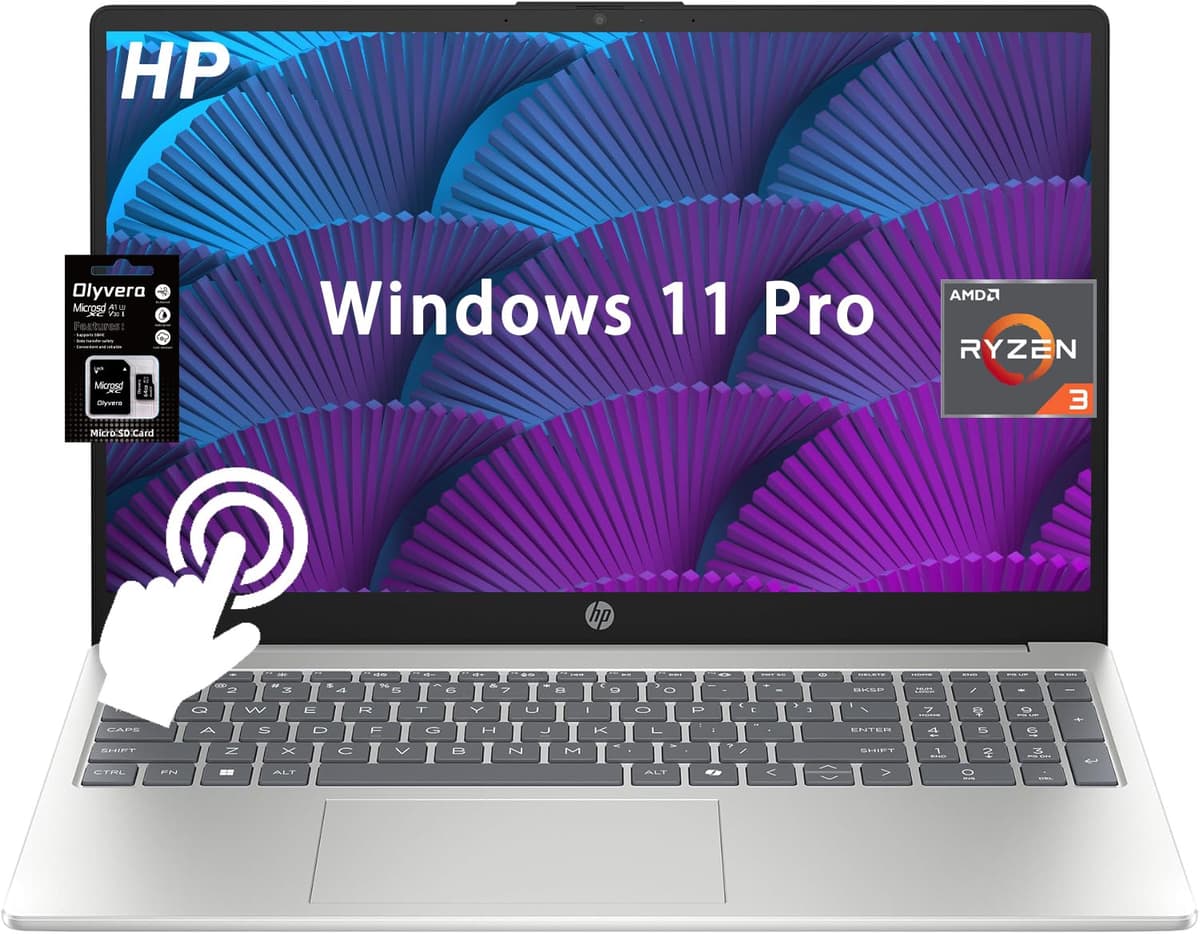 HP Laptop táctil 15.6", AMD Ryzen 3 7320U (hasta 4.1 GHz), 8 GB RAM LPDDR5,512 GB SSD, Gráficos AMD Radeon, Cámara privada HD, HDMI, Wi-Fi 6, Bluetooth, Antirreflejo, Windows 11 Pro, Plata