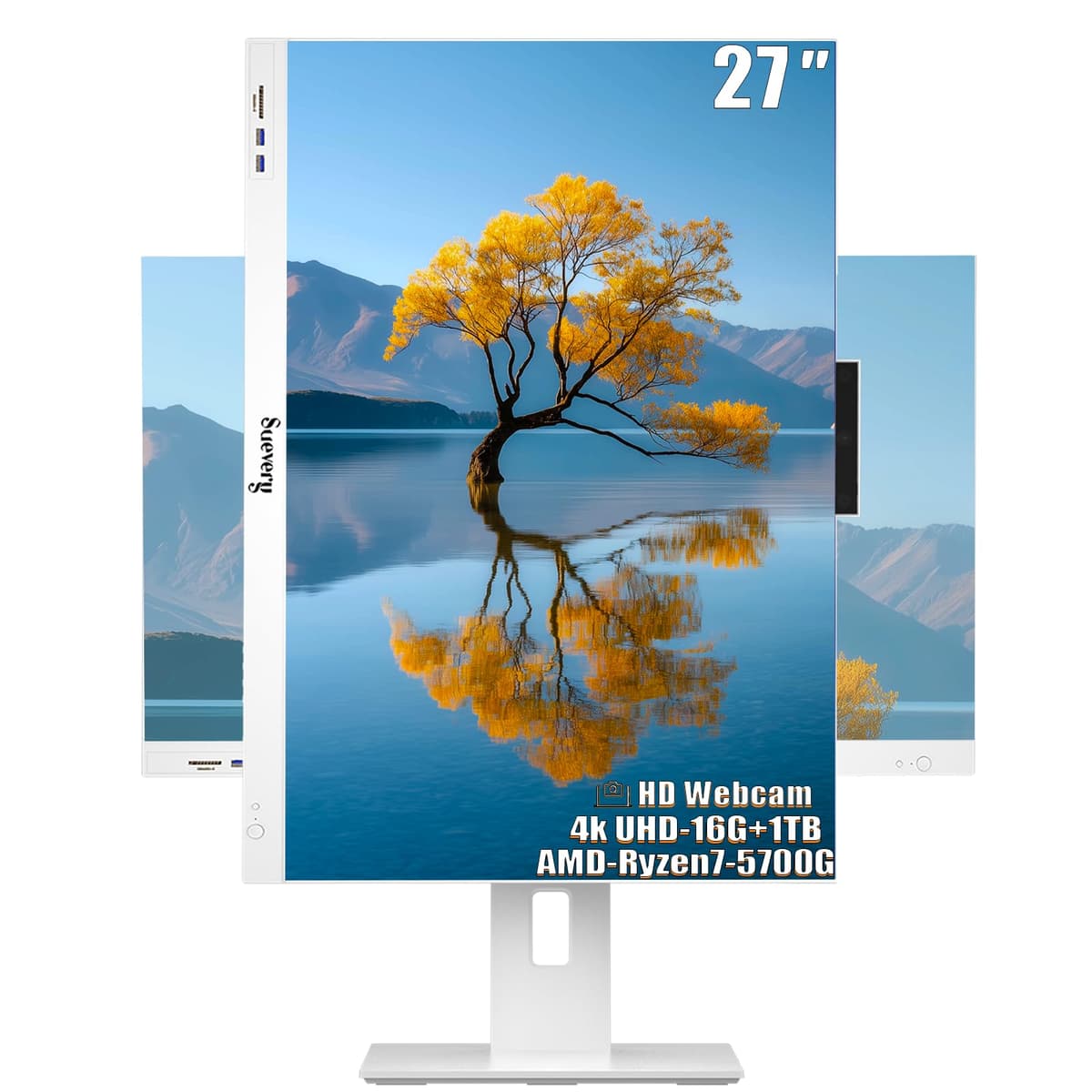 suevery PC de Escritorio Todo-en-Uno 27" 4K (3840x2160) para Oficina y Hogar, 27 pulgadas, AMD R7 5700G (hasta 4.6 GHz), 16GB DDR4, 1TB SSD, WiFi 6, Cámara HD, Mouse y Teclado incluidos I22X W1-99