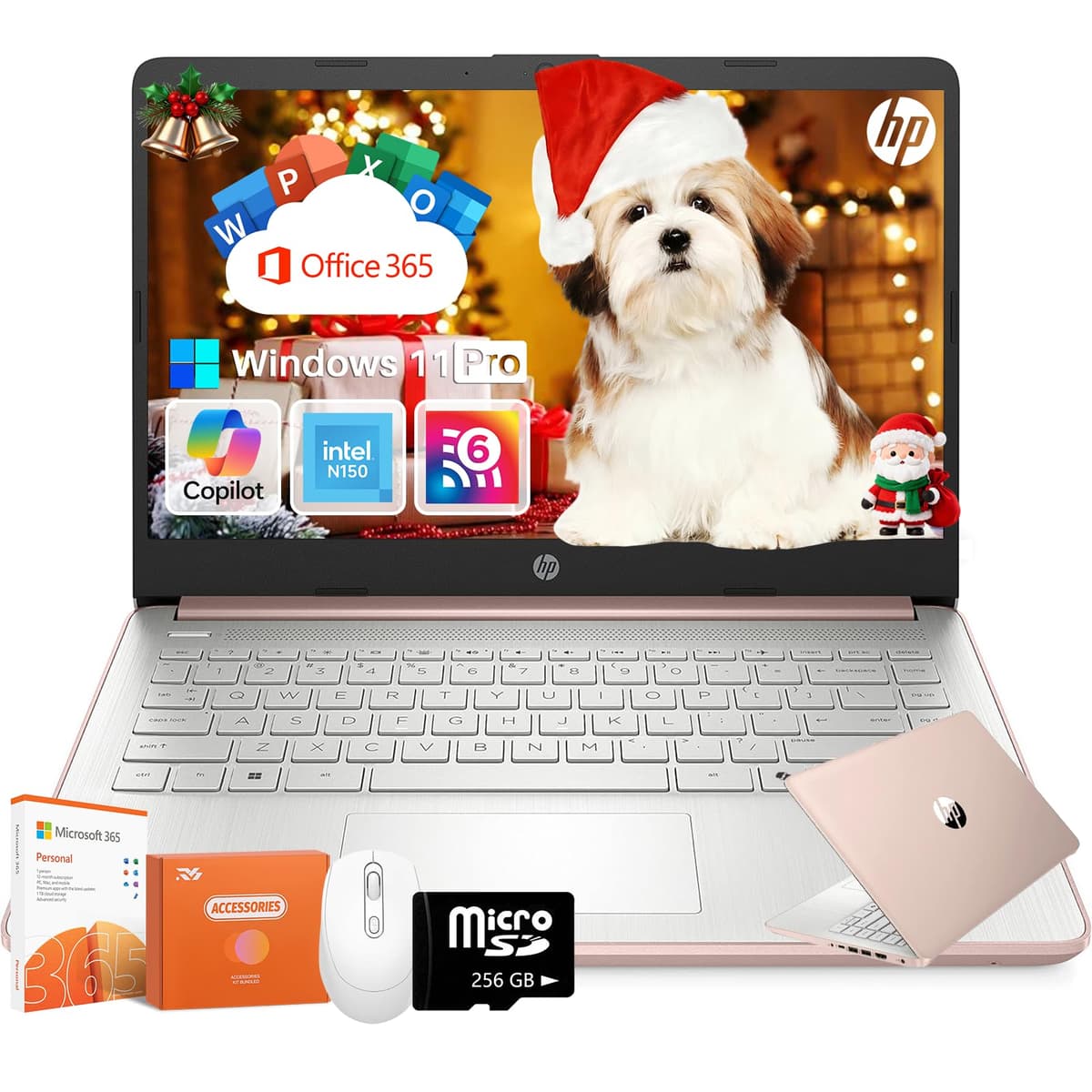 HP Laptop de 14 pulgadas para estudiantes y negocios, Procesador Intel N150, 16GB RAM, 384GB de almacenamiento (128GB eMMC + 256GB SSD), Gráficos Intel, Copilot AI, Windows 11 Pro, Wi-Fi 6, Cámara HD, 1 año de Microsoft 365