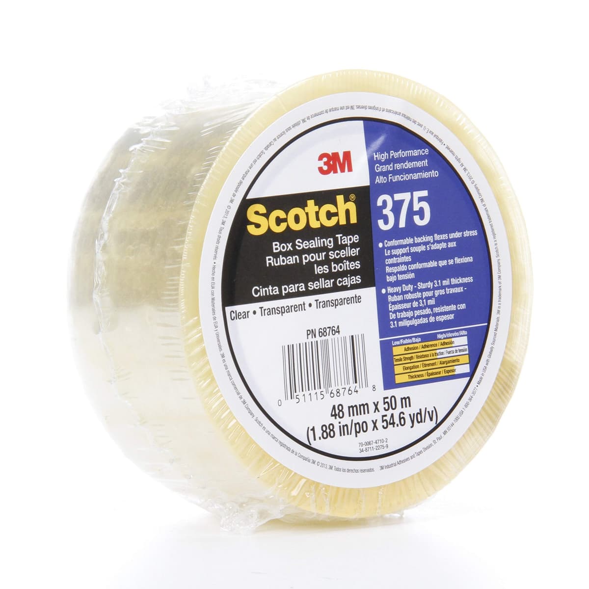 Cinta para embalaje 3M Scotch 375 de grado industrial, transparente, 48 mm x 50 m, cinta de sellado de alto rendimiento para sellado de cajas y cartones de uso intensivo en comercios, mudanzas, embalaje y envío, 36 unidades por caja 50021200724065