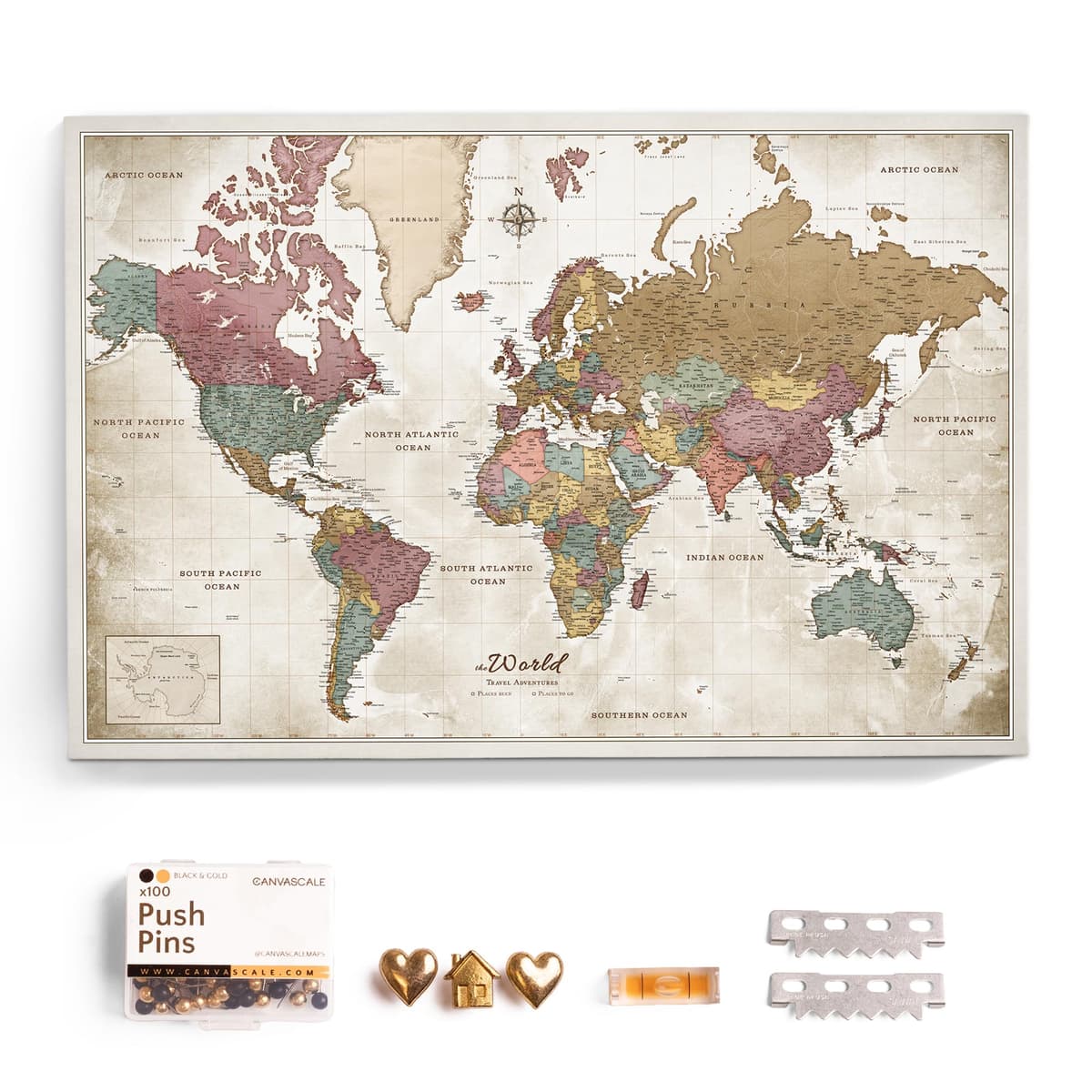 CANVASCALE Mapa mundial en lienzo con corcho para pins - Letras en inglés (150x100 cm, Patrón 20) world_map_new_150x100_20