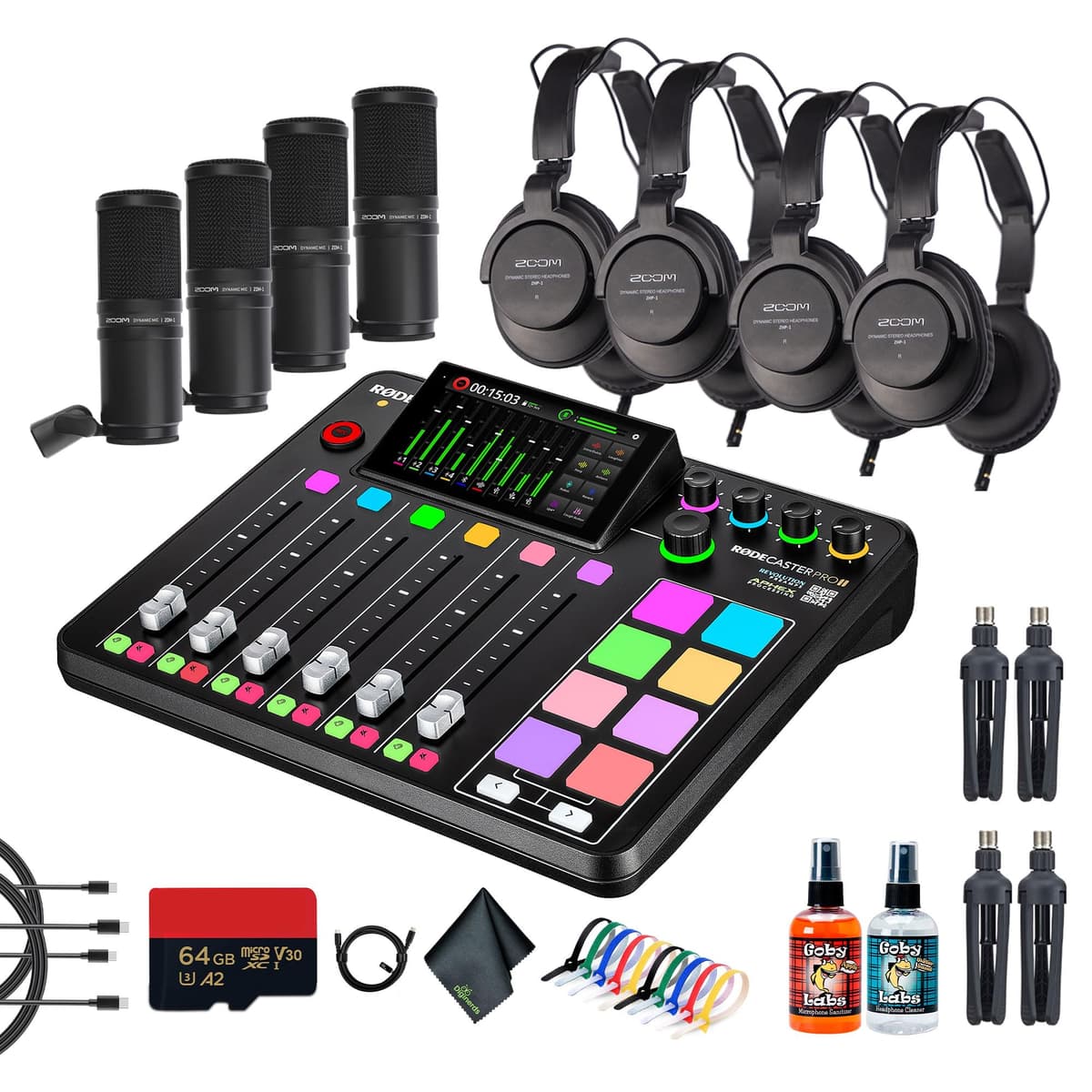 Bundle RODECaster Pro II + 4 audífonos + 4 micrófonos de podcast + 64GB microSD y accesorios RCP II_AG9_6