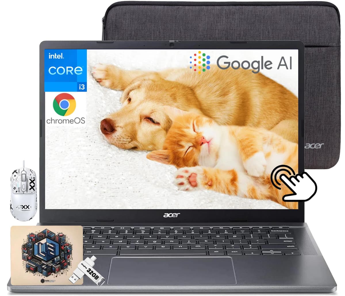 Acer Chromebook Plus 514 con Google AI, Intel i3-N305 de 8 núcleos, 8 GB LPDDR5, SSD de 2 TB, unidad flash USB-C de 32 GB, pantalla táctil FHD IPS de 14", Wi-Fi 6E, cámara web 1080p, Chrome OS, mouse patentado Acer Chromebook Laptop