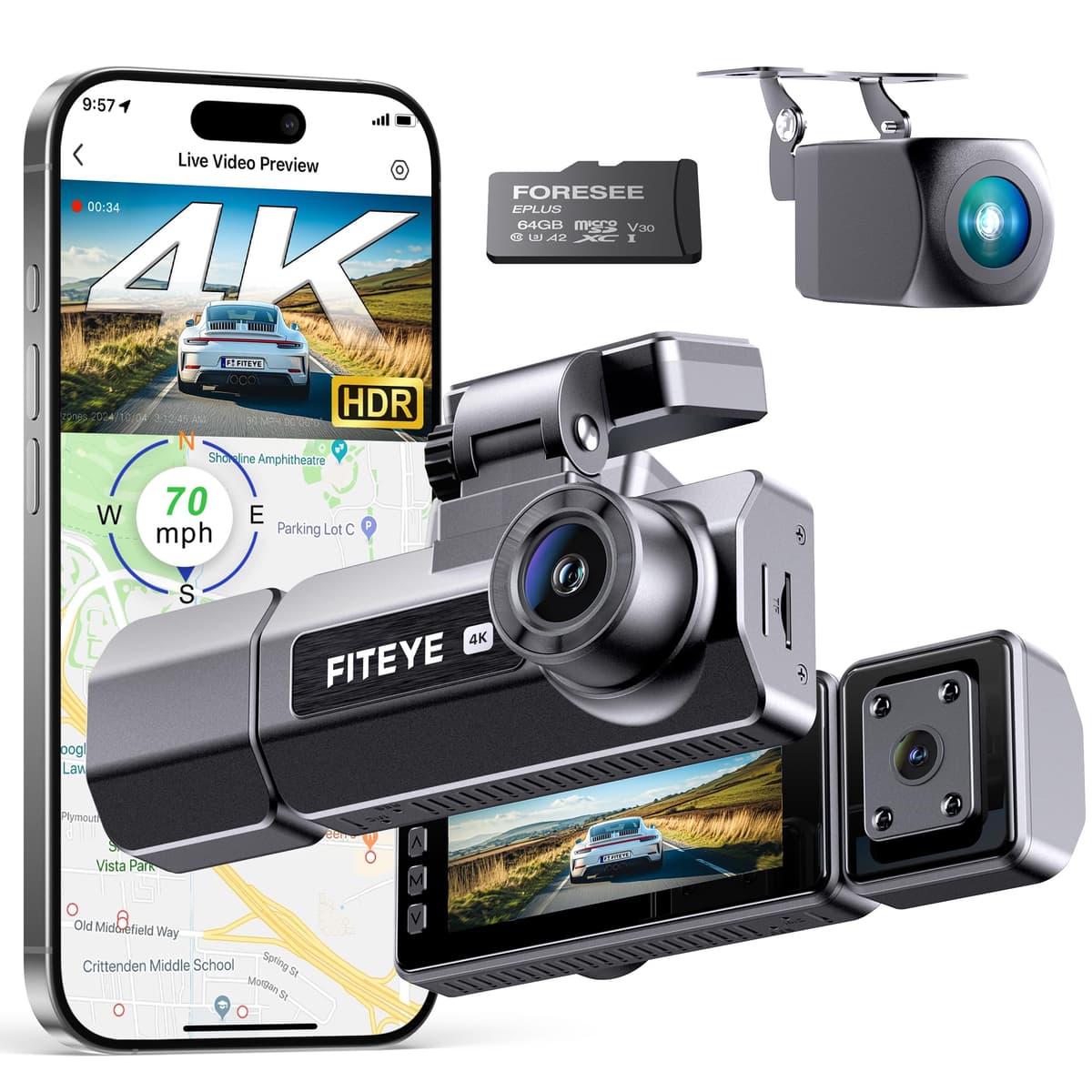 Fiteye Cámara de tablero 3 canales 4K (2K+1080P+1080P) con IMX335, WiFi, GPS, control por voz, incluye tarjeta 64GB