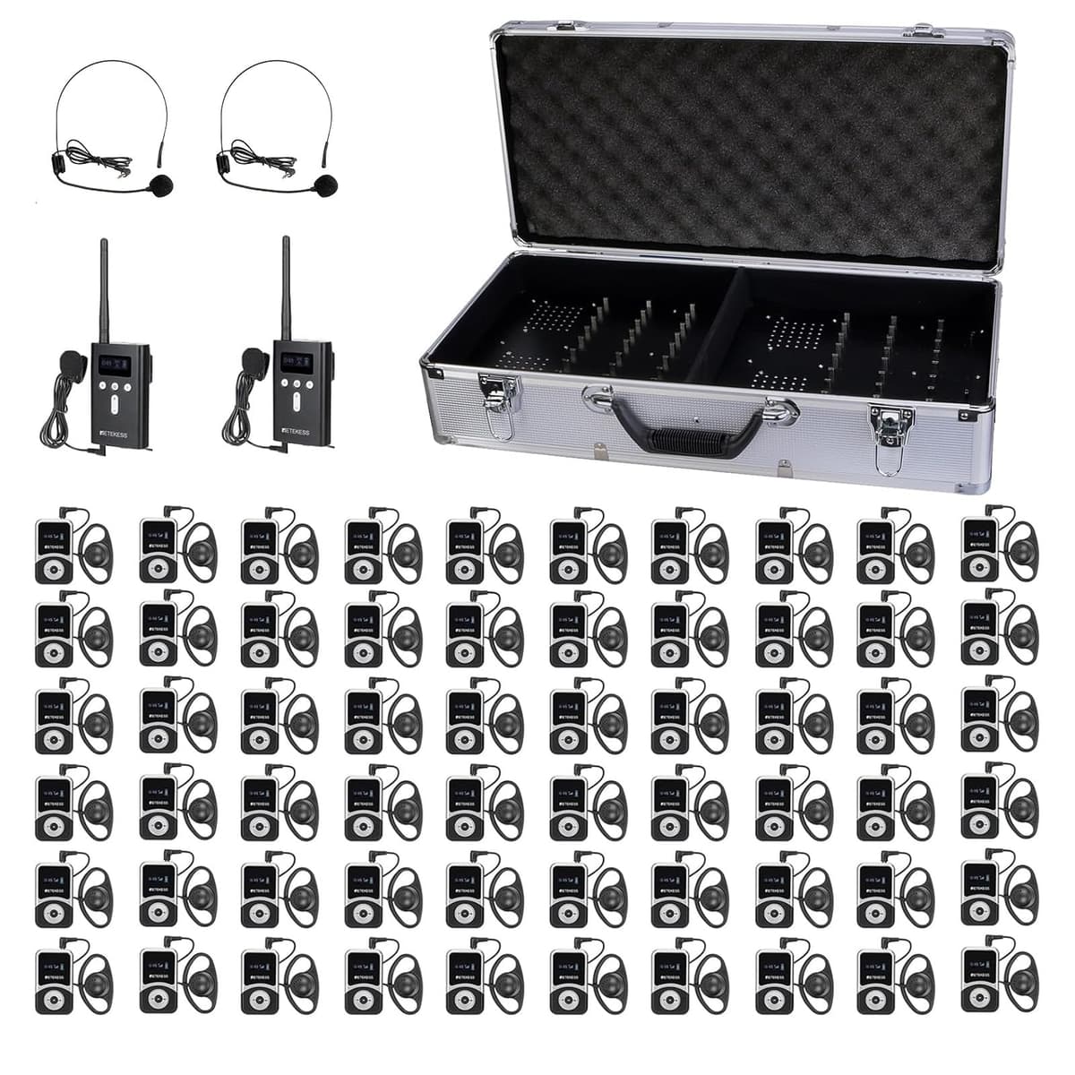 Retekess T130S (2nd Gen) Sistema de guía turística y audífonos para interpretación - 2 transmisores, 60 receptores