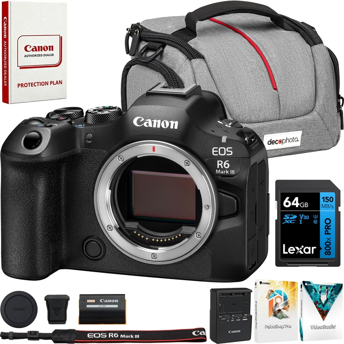 Canon EOS R6 Mark III (cuerpo) Bundle con tarjeta Lexar 64GB, bolso Deco y Corel Photo Video Suite E8CNEOSR6M3
