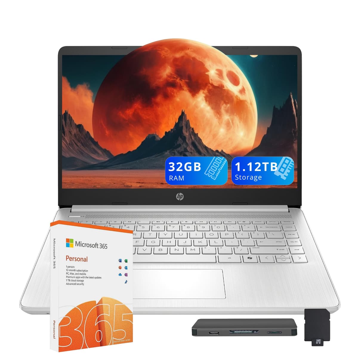 HP Stream 14" HD Laptop, Procesador Intel N150, 32 GB RAM, 1, 12 TB de almacenamiento (128 GB UFS + Estación Docking de 1 TB), Gráficos Intel, 1 año Office 365, Copilot, Wi-Fi 6, Bluetooth, Cámara web, Windows 11, Plateado