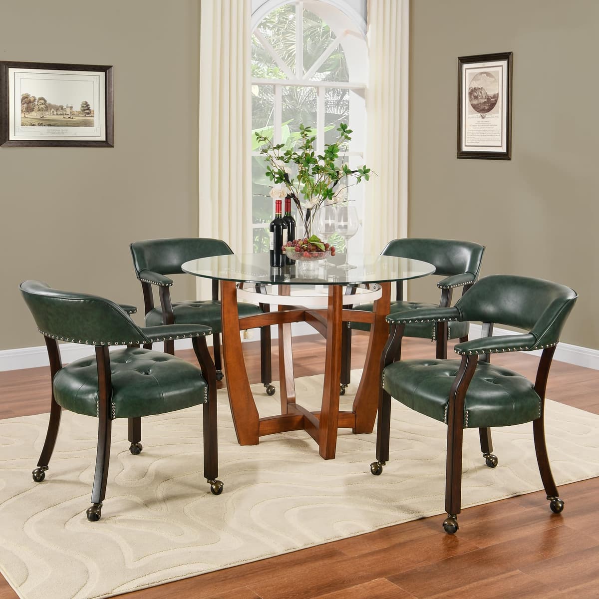 MODERION Silla de comedor con ruedas y brazos set de 4 - Patas madera marrón y asiento verde XXY1910GN