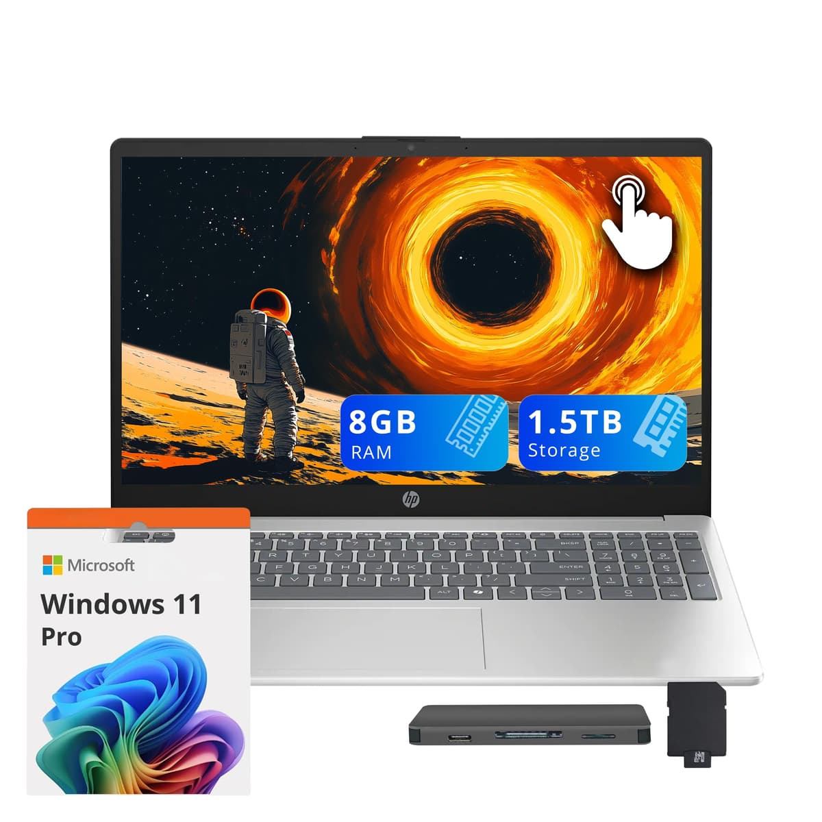 HP 15.6" FHD Pantalla Táctil, AMD Ryzen 5 7520U, 8GB LPDDR5, 1.5TB Almacenamiento (512GB SSD + Estación de Acoplamiento de 1TB), Gráficos AMD Radeon, Teclado de Tamaño Completo, Copilot, Wi-Fi 6, Windows 11 Pro, Plateado