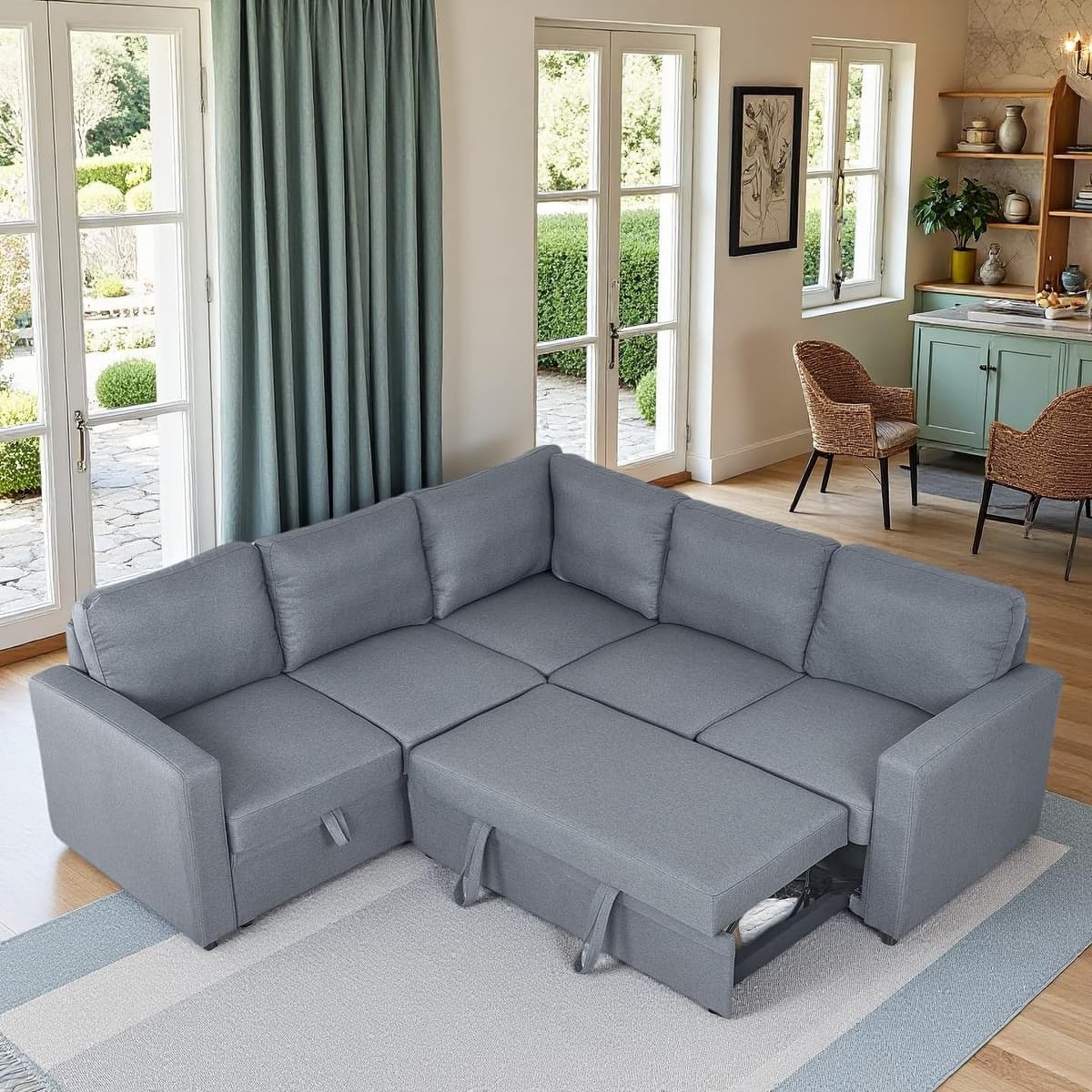Sofá cama modular FONTOI L en lino gris con cama desplegable y asiento con almacenamiento DDP-JHF-FF1015