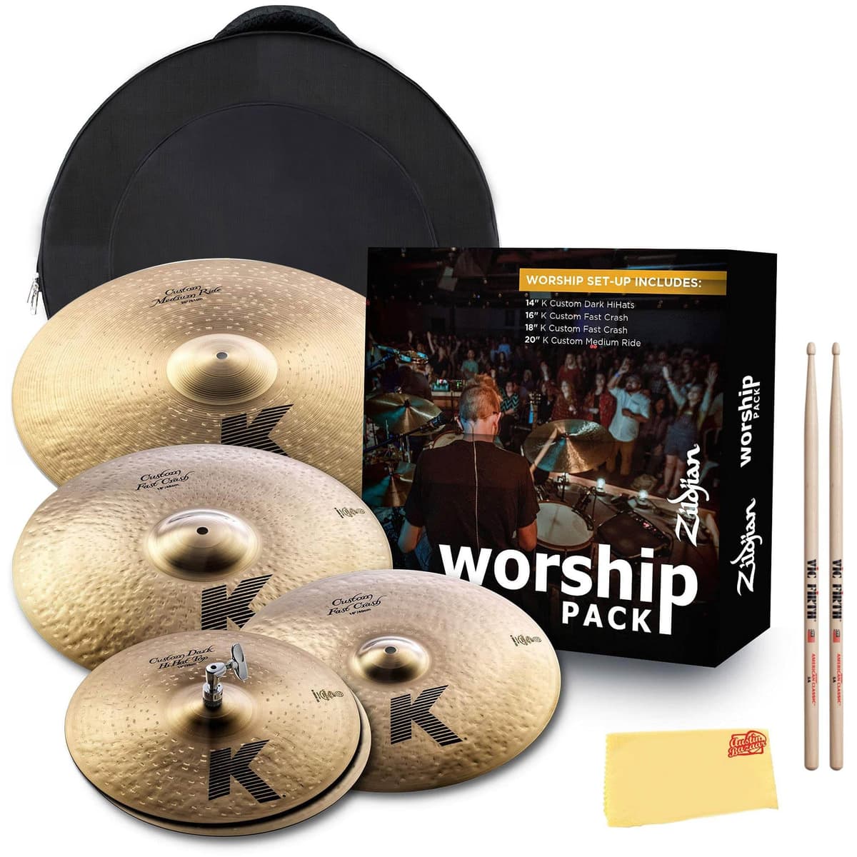 Zildjian KC0801W K Custom Worship Pack - 14"/16"/18"/20" con accesorios KC0801W-COMBO-DLX-V2