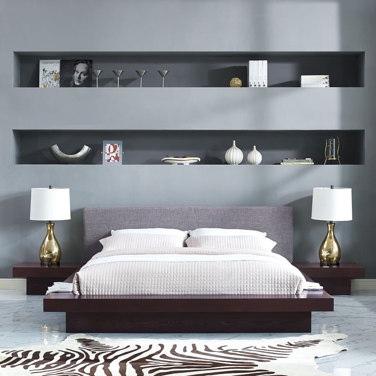 Cama plataforma Modway Freja Queen con dos mesas de noche Cappuccino Gray MOD-5492-CAP-GRY-SET