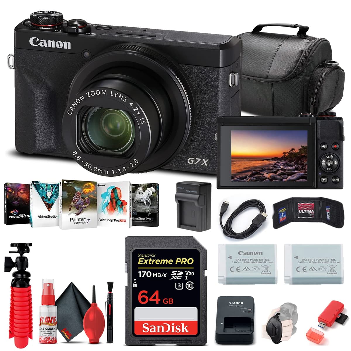 Canon PowerShot G7 X Mark III Cámara Digital (Negra) (3637C001) + Tarjeta de Memoria 64GB + Batería NB13L + Software Corel Photo + Cargador + Lector de Tarjetas + Funda Suave + Trípode Flex + Más (Reacondicionado) 3637C001_EDIV_2-RE