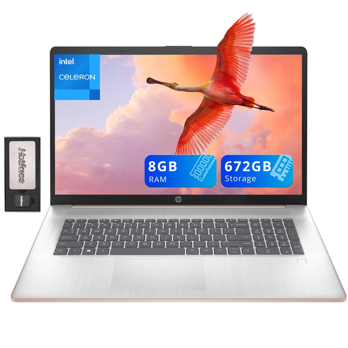 HP 17.3" HD+ BrightView portátil, Intel Celeron N4120, 8GB RAM, 672GB de almacenamiento (512GB SSD + 160GB conjunto de estación de acoplamiento), Intel UHD Graphics, teclado de tamaño completo, webcam, Wi-Fi, Windows 11 Home, rosa dorado