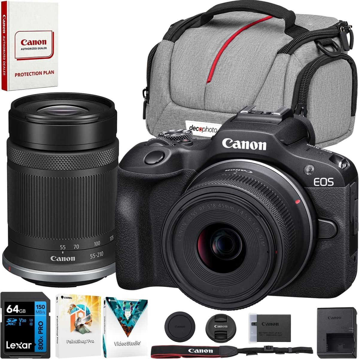 Canon EOS R100 con RF-S18-45mm y RF-S55-210mm Lens Bundle + accesorios E8CNEOSR100LNX2