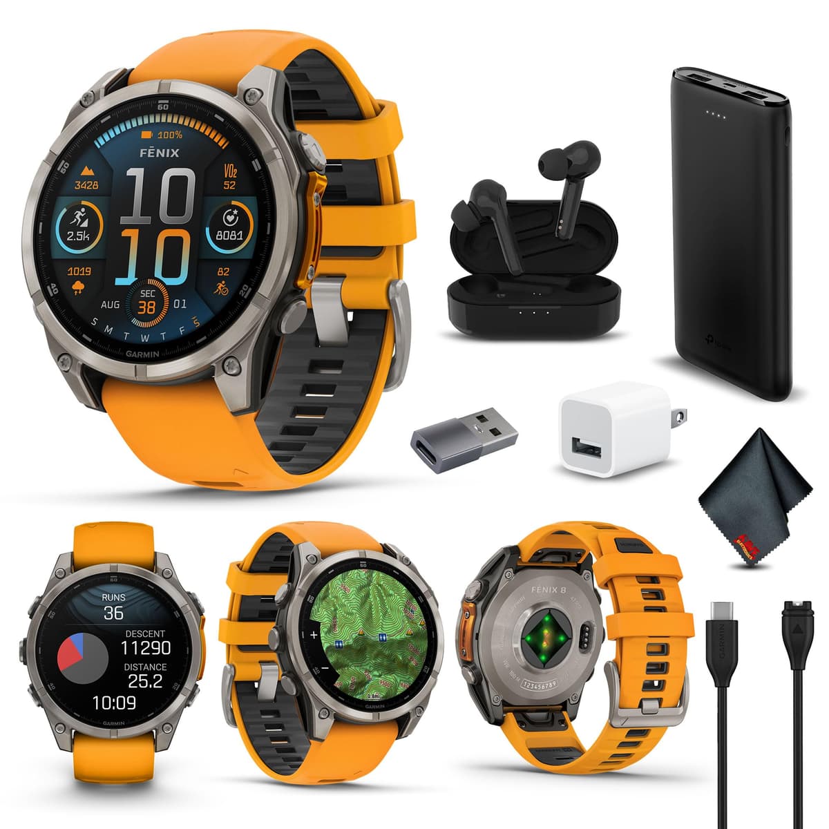 Garmin Fenix 8 47MM AMOLED Sapphire Multisport GPS Smartwatch Titanium con Spark Orange/Graphite - Bundle 010-02904-10_AG2-V1