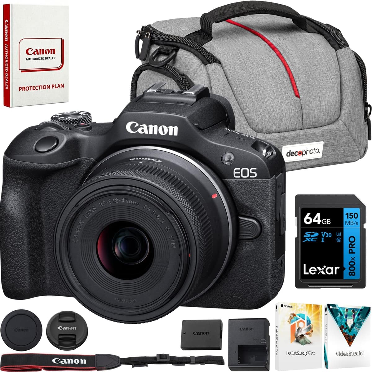 Canon EOS R100 Mirrorless con RF-S 18-45mm Kit (6052C012) + 64GB SD + Bolsa + Corel Photo Video Suite E8CNEOSR1001845