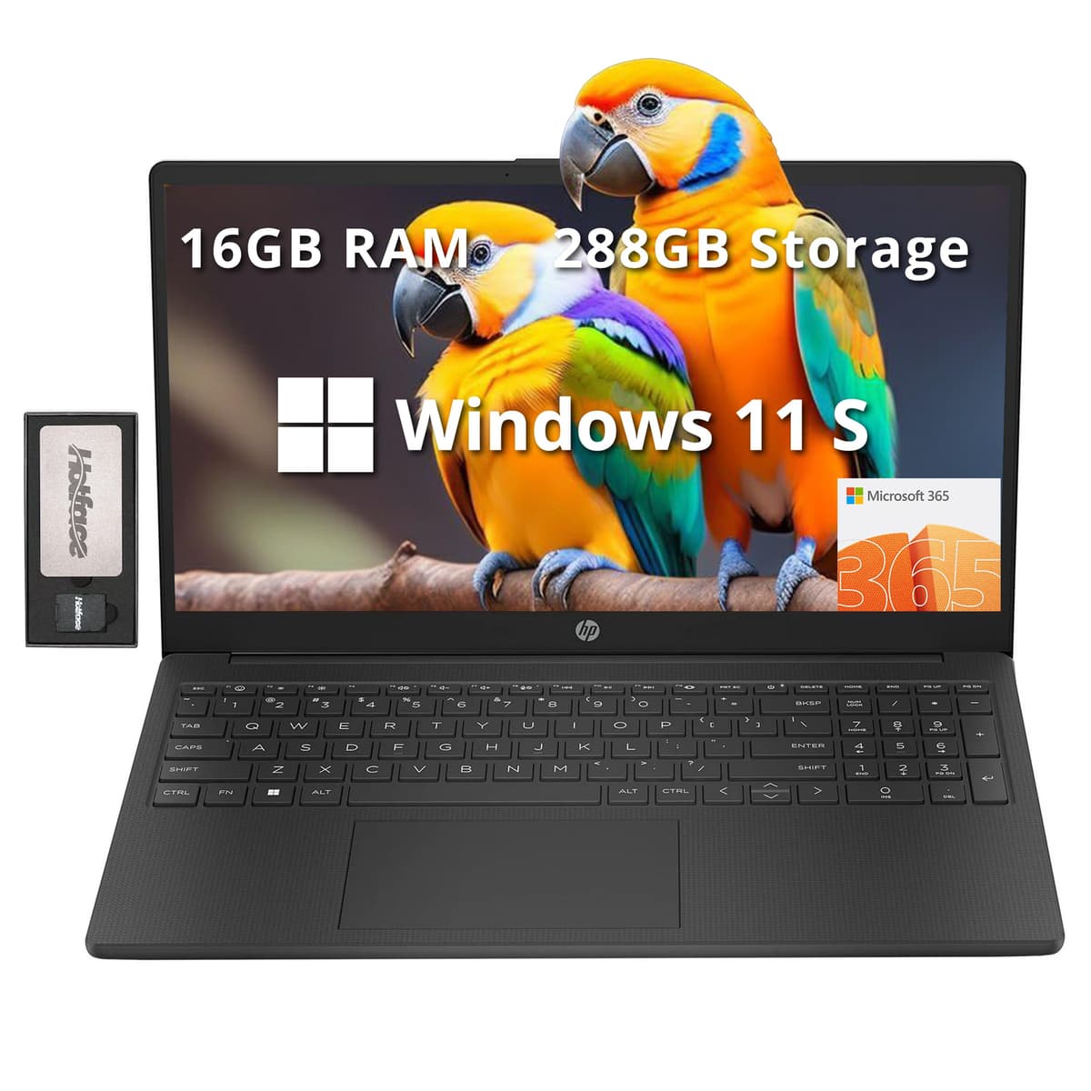 HP 15.6" HD Laptop, Procesador Intel N200, 16GB RAM, 288GB Almacenamiento (128GB SSD + Conjunto de Estación de Acoplamiento de 160GB), Gráficos Intel UHD, Teclado Numérico, Webcam HD, Wi-Fi 6,1 Año Office 365, Windows 11 S, Negro