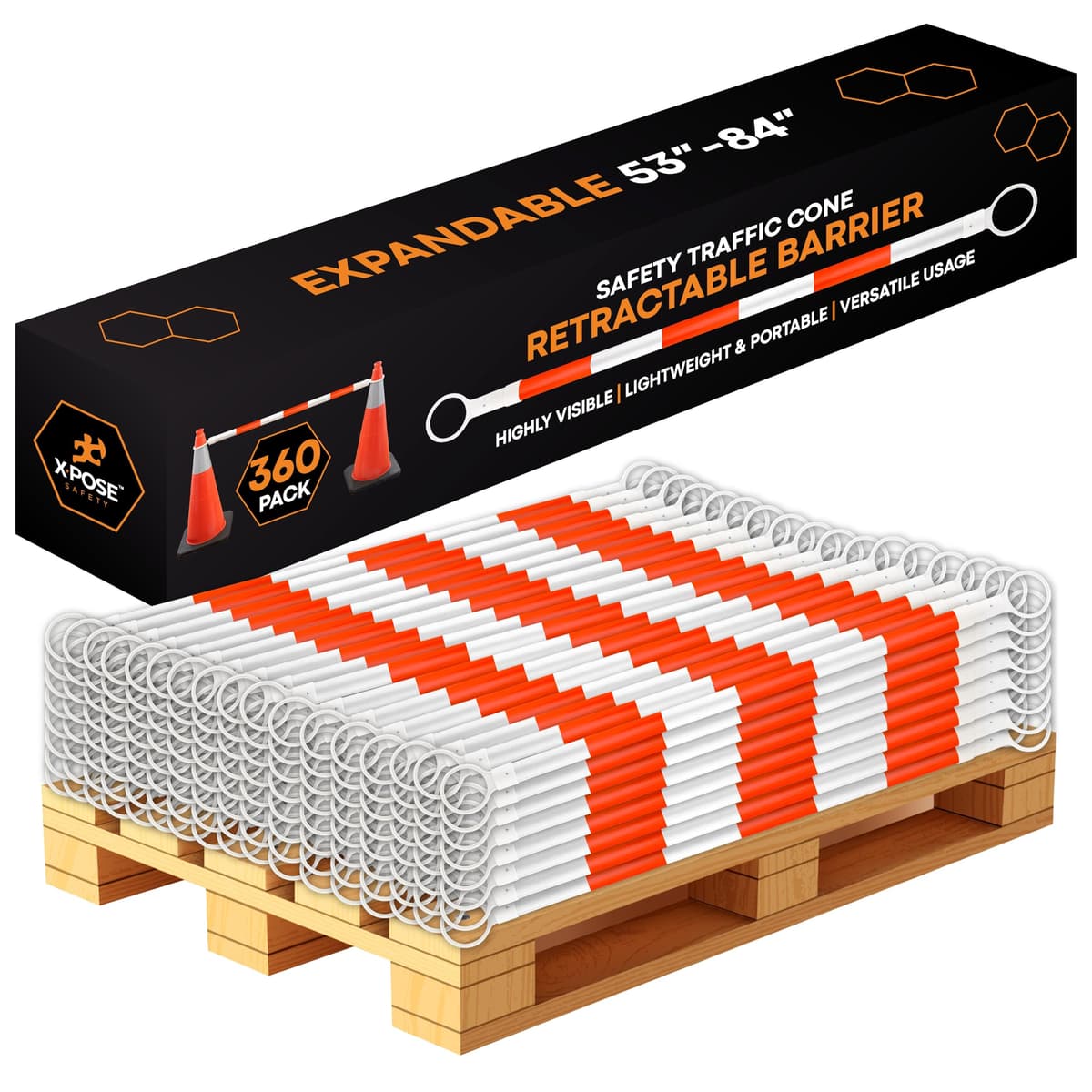 Barrera Retráctil Reflectante Xpose para Conos de Tráfico - Paquete de 360, Media Paleta, Naranja/Blanco, Expandible 53"-84" para Construcción, Estacionamiento y Control de Multitudes CBY-CBO-PARENT