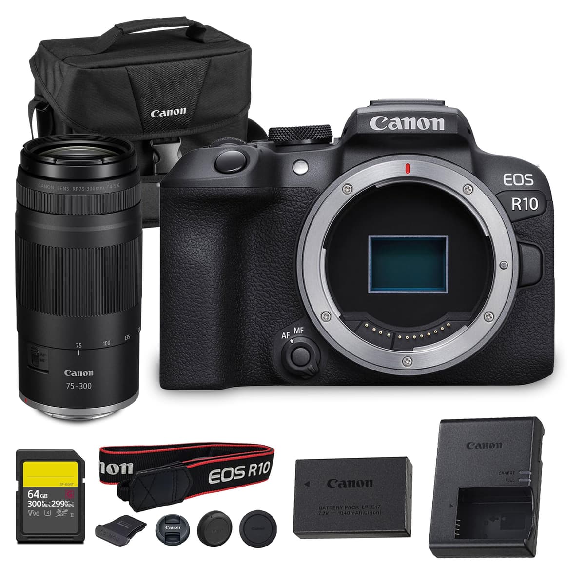 Cámara sin espejo Canon EOS R10 24.2 MP sensor APS-C video 4K AF de doble píxel compacta y liviana para vlogging y viajes (5331C002) + lente Canon RF 75-300 mm + tarjeta de 64 GB + bolsa 5331C002_EDIPL_13