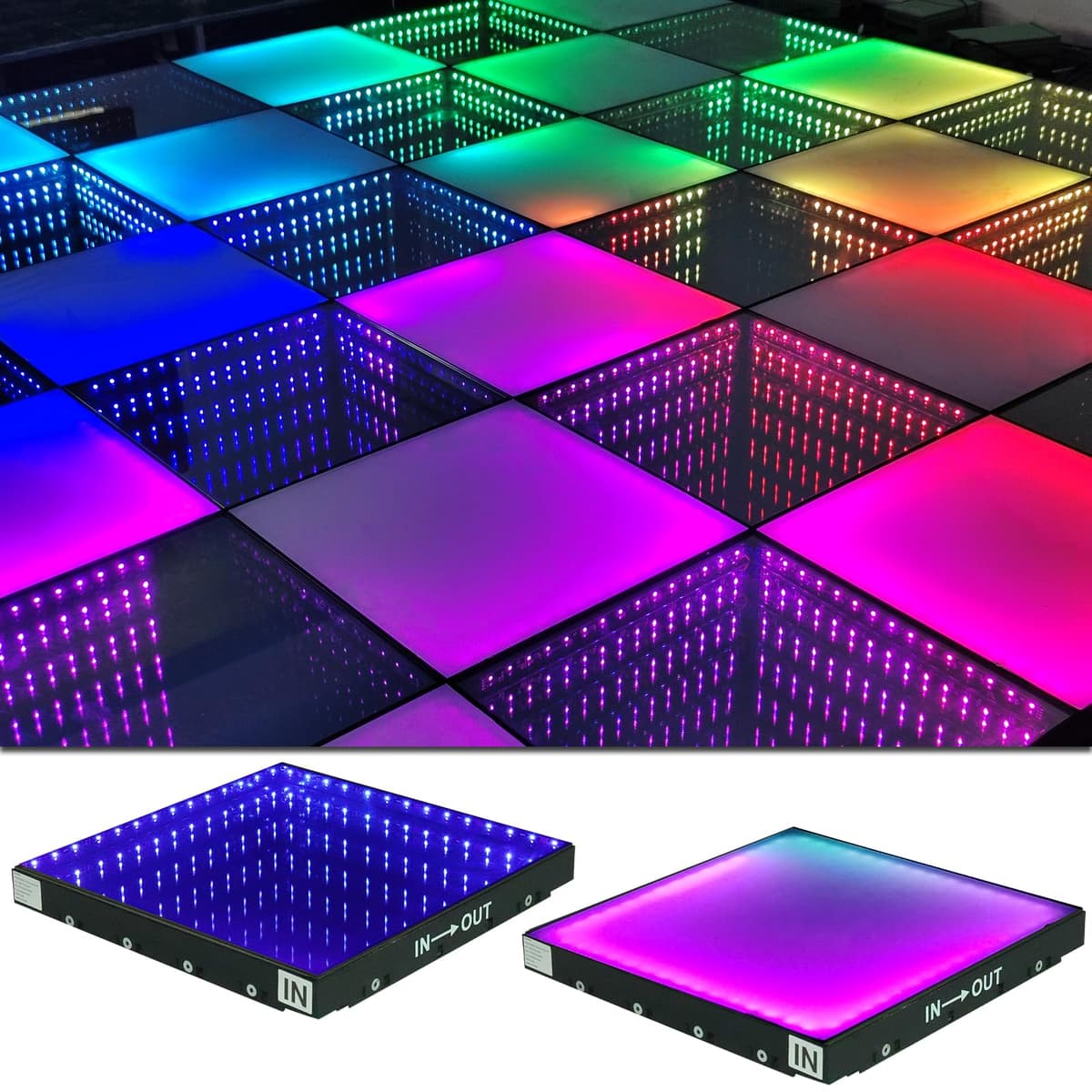 HZGGBKJO Pista de baile LED 3D 8x8 ft de vidrio templado con flight case - Paneles espejo infinito (3D y RGB, magnético) SYD-0419