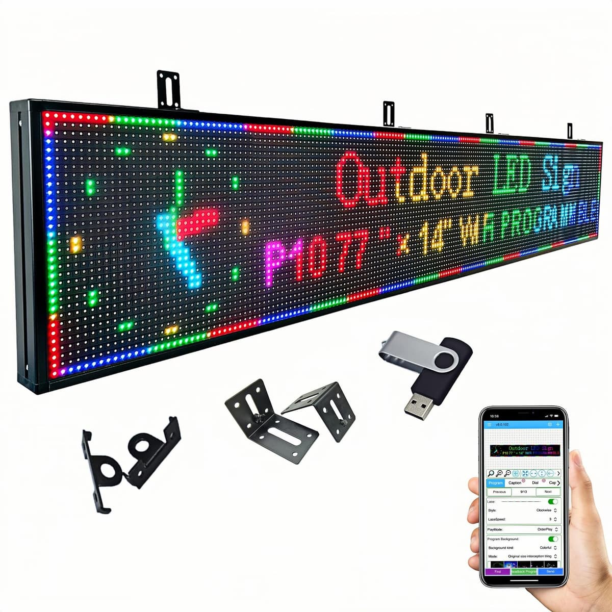 YiAegisyn Pantalla LED Programable 77"x14" P10 Exterior, Scrolling con WiFi/USB, Alta Brillo e Impermeable YTP1062