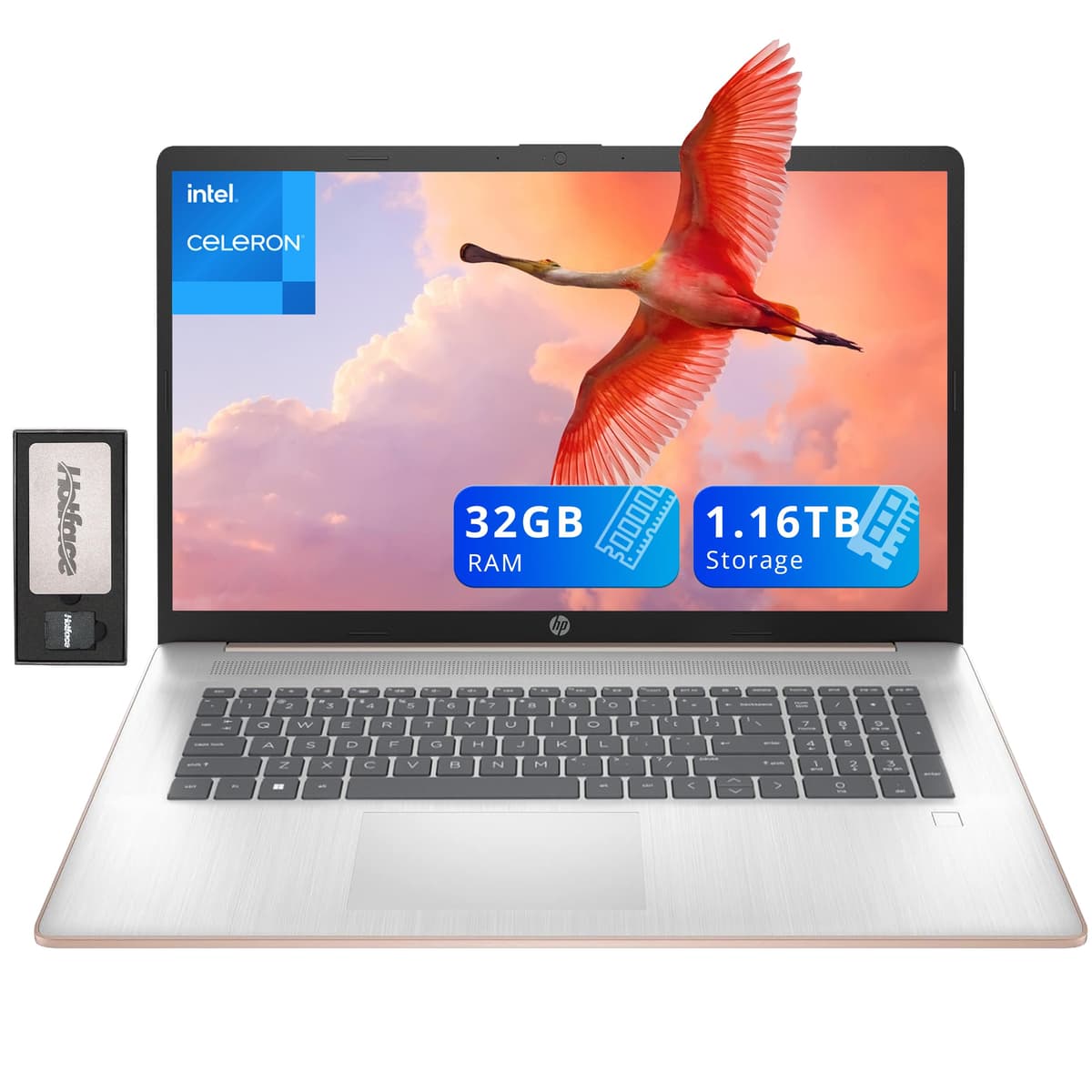 HP 17.3" HD+ BrightView Laptop, Intel Celeron N4120, 32GB RAM, 1.16TB de almacenamiento (1TB SSD + 160GB juego de estación de acoplamiento), Intel UHD Graphics, teclado de tamaño completo, cámara web, Wi-Fi, Windows 11 Home, oro rosa