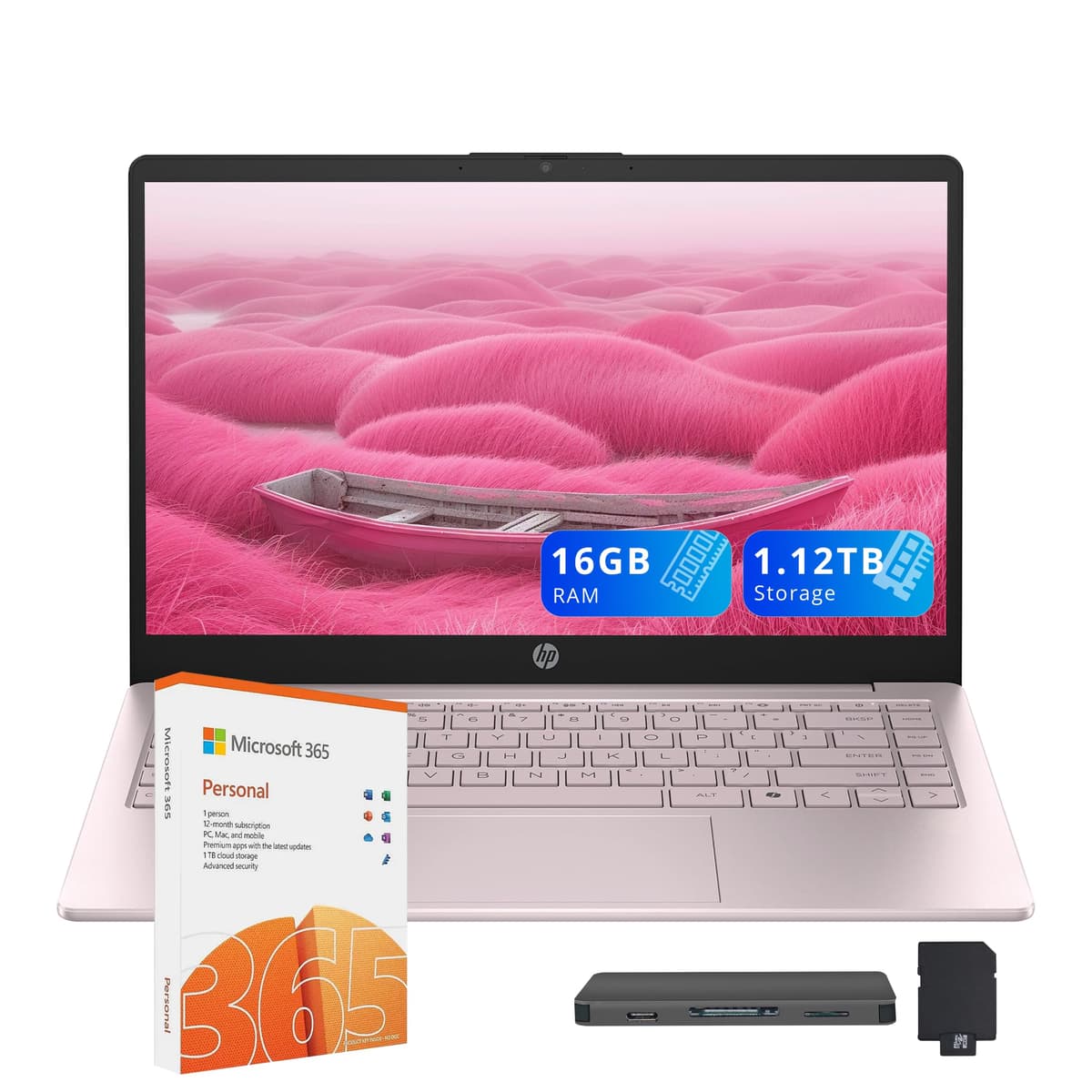 HP Stream 14" para estudiantes y negocios, procesador Intel N150, 16 GB de RAM, 1, 12 TB de almacenamiento (128 GB UFS + estación de acoplamiento de 1 TB), Wi-Fi 6,1 año de Office 365, Copilot AI, carga rápida, Windows 11 S, rosa