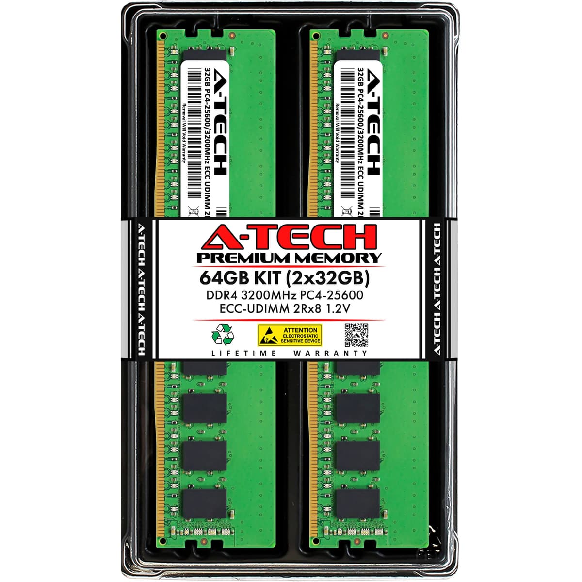 Kit A-Tech Server 64GB (2x32GB) DDR4 3200MHz PC4-25600 ECC UDIMM 2Rx8 Doble Rango 1.2V ECC No Registrada DIMM de 288 pines Módulos de Memoria RAM para Servidor y Estación de Trabajo (Serie Empresarial A-Tech) AT32G2D4D3200ED8N12V