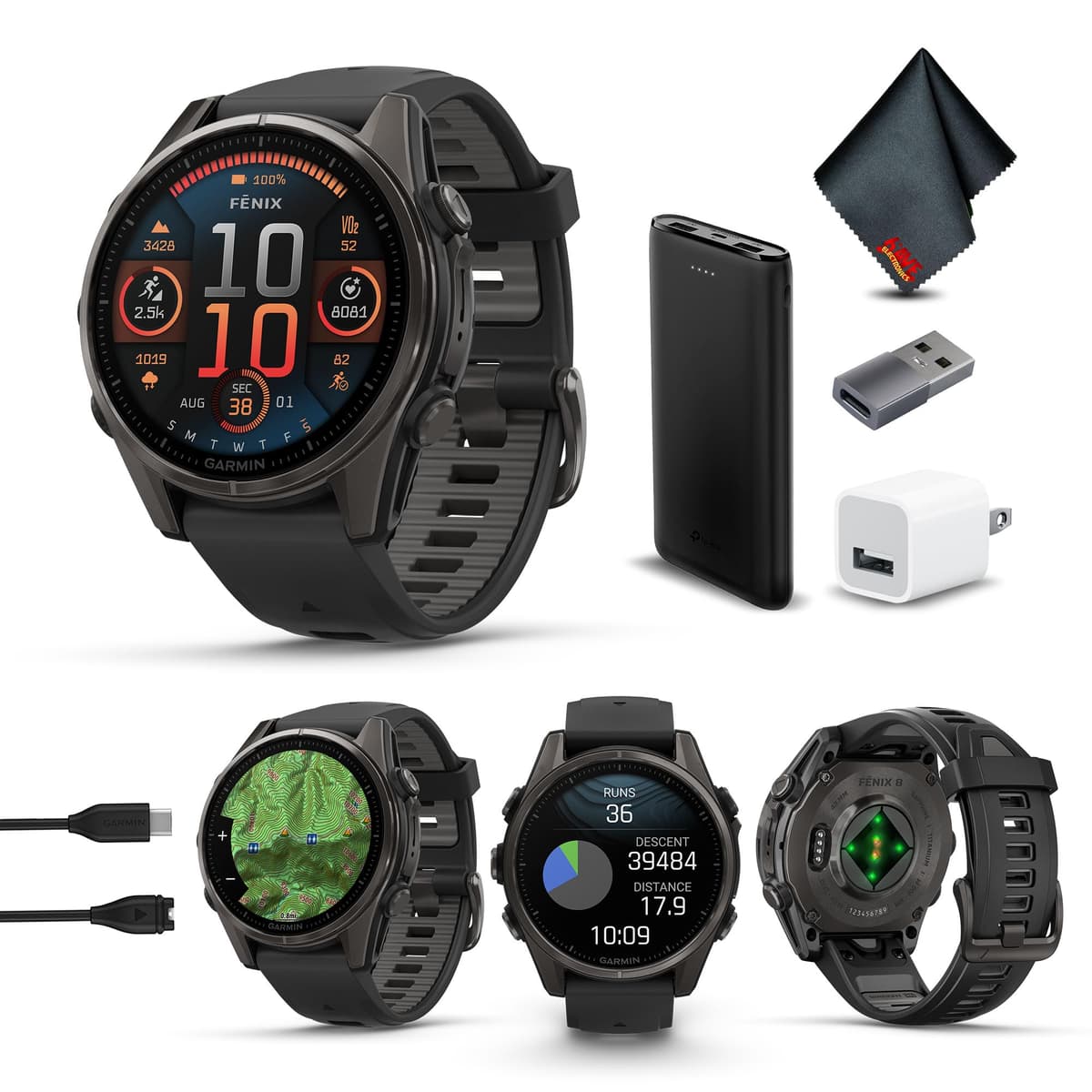 Garmin Fenix 8 43MM AMOLED Sapphire Carbon Gray DLC Titanium con correa de silicón negra/gray - Multisport GPS Smartwatch (Bundle) 010-02903-20_AG2-V1