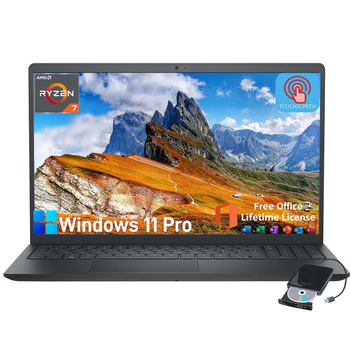 Dell Inspiron 15.6" Touchscreen - Ryzen 7 7730U, Windows 11 Pro, Office Lifetime, External DVD (64GB RAM | 2TB SSD)