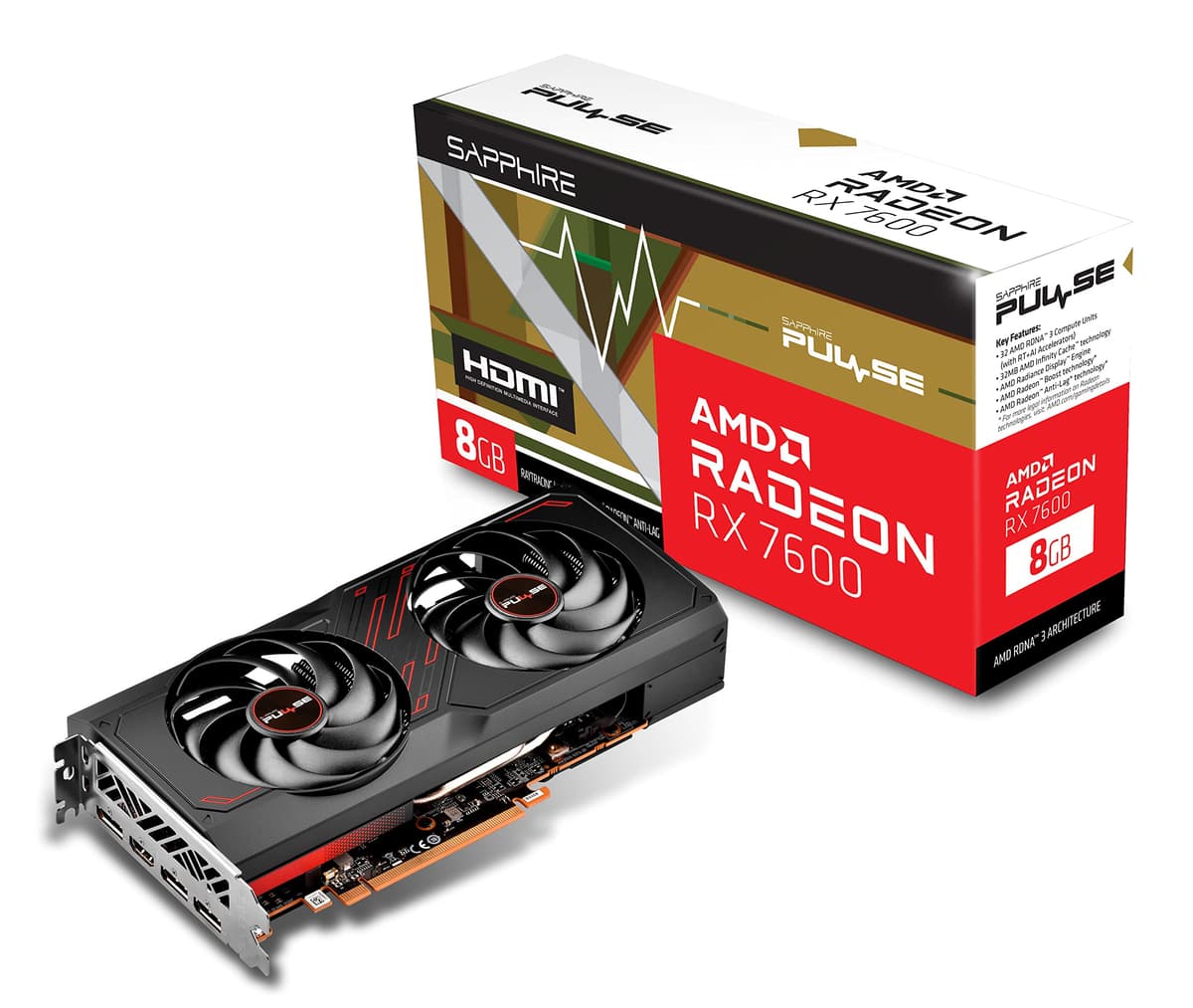 Sapphire 11324-01-20G Pulse tarjeta gráfica AMD Radeon RX 7600 para juegos con 8 GB GDDR6, AMD RDNA 3