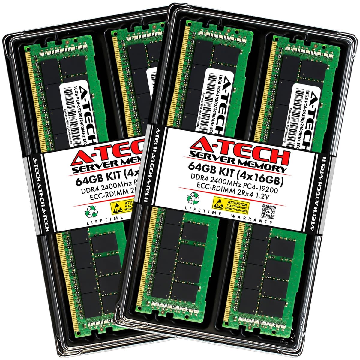Kit A-Tech 64 GB (4x16 GB) DDR4 2400 MHz PC4-19200 ECC RDIMM 2Rx4 Doble Rango 1.2 V ECC Registrado DIMM de 288 pines Módulos de Memoria RAM para Servidor y Estación de Trabajo (A-Tech Enterprise Series) AT16G4D4D2400RD4N12V