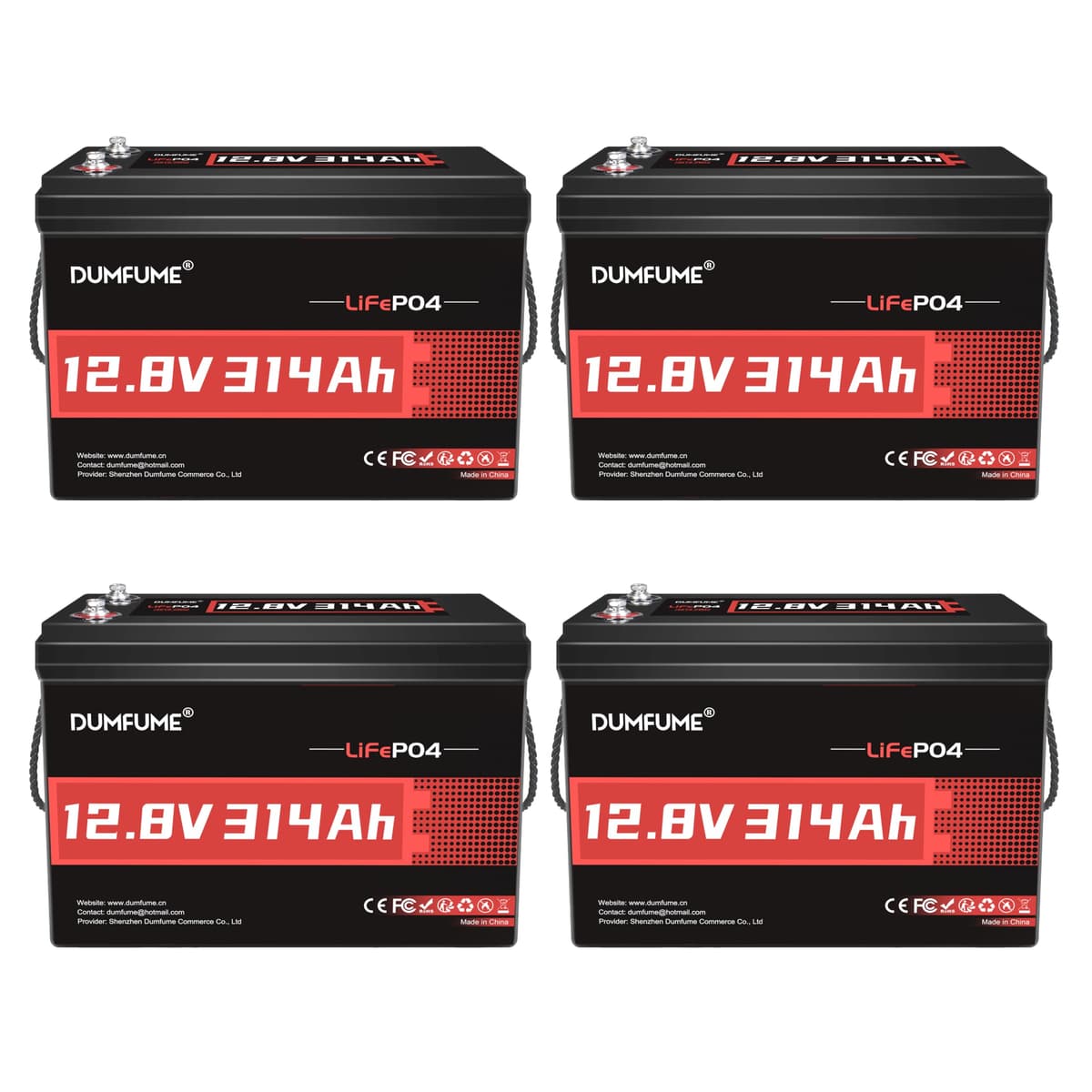 4 Pack Baterías LiFePO4 12V 314Ah 200A BMS 4.01kWh - dumfume (4 Packs)12.8V 314Ah
