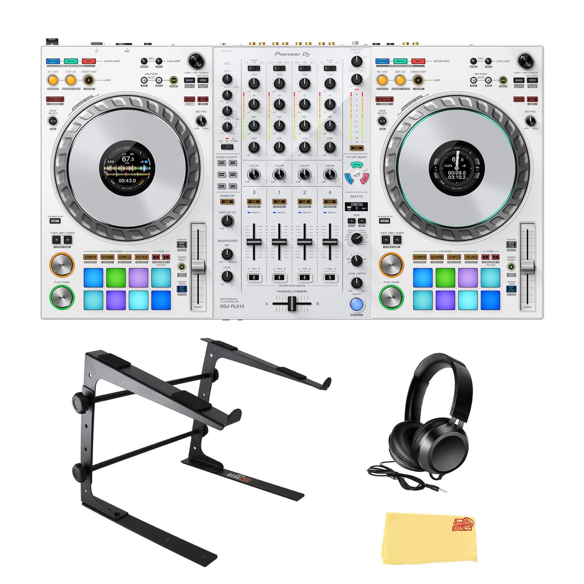 Pioneer DDJ-FLX10 Limited Edition 4-Channel DJ Controller Blanco - Bundle con Laptop Stand, Gearlux Headphones y Paño de Pulido AUS-DDJ-FLX10-W-COMBO-STD
