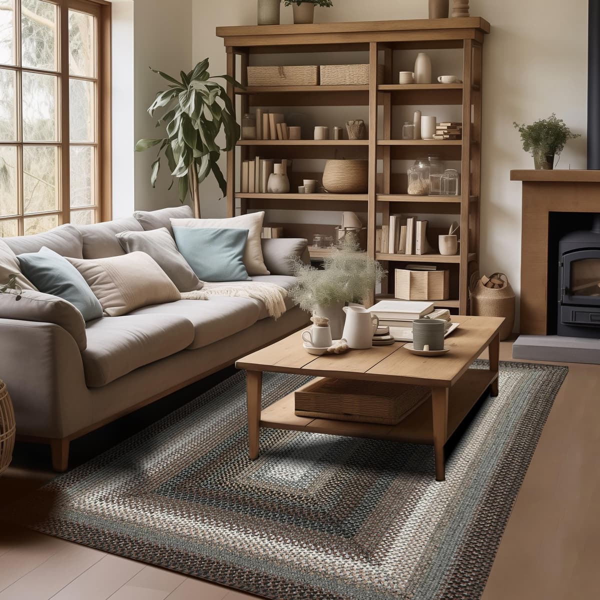 Homespice Midnight Moon alfombra trenzada 6x9' negra y gris, reversible para interior/exterior 315182