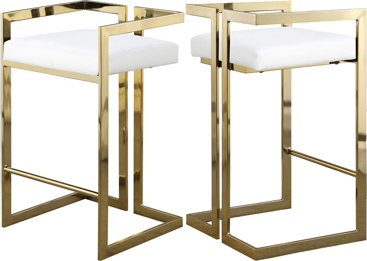 Meridian Furniture 913White-C Ezra Counter Stool Tapizado en Piel Vegana Blanca, Base de Acero Dorado, 19" x 17.5" x 31"