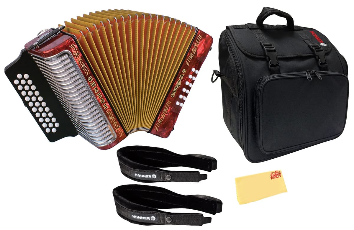 Hohner Corona II G/C/F Accordion - Pearl Red Bundle con gig bag, correas y paño de pulido AUS-3500GR-2022-COMBO-DLX