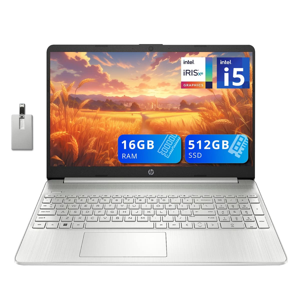 HP 15, 6'' FHD Laptop para uso diario, Intel Core i5-1135G7, 16 GB RAM, 512 GB SSD PCIe, Gráficos Intel Iris Xe, Wi-Fi 5, Cámara True Vision HD, Teclado numérico, Windows 11 Home, Plateado, Tarjeta USB de 32 GB HP 15 Laptop
