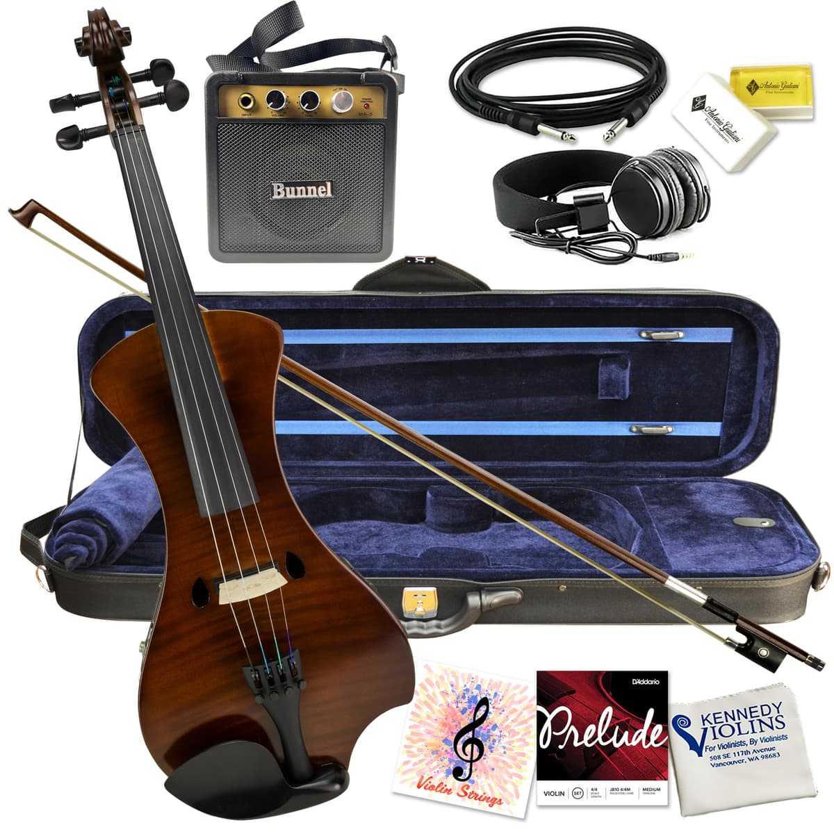 Violín eléctrico Bunnel NEXT Outfit 4/4 Tamaño completo (CARAMEL) - Con estuche de transporte y accesorios - Mini amplificador - Toma para auriculares - Pastilla piezo cerámica - de Kennedy Violins