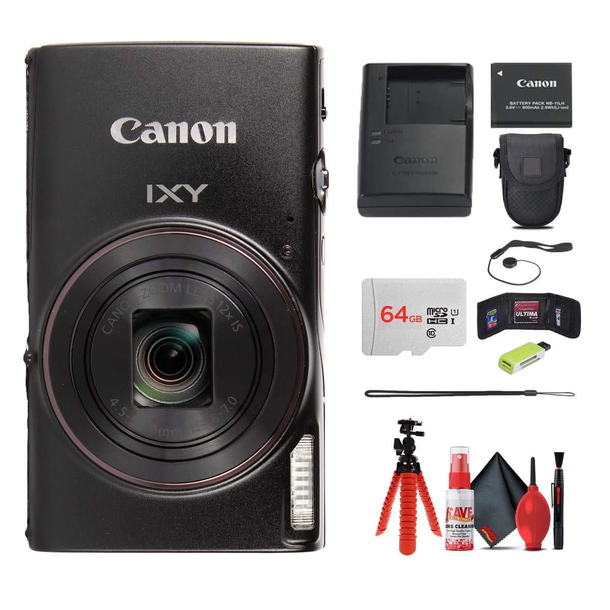 Cámara digital compacta Canon IXY 650 HS M negra | Zoom óptico 12x ideal para viajes | Paquete con tarjeta de 64 GB, funda, trípode, kit de limpieza y más (Reacondicionada) 7280C001-AG2RE-1