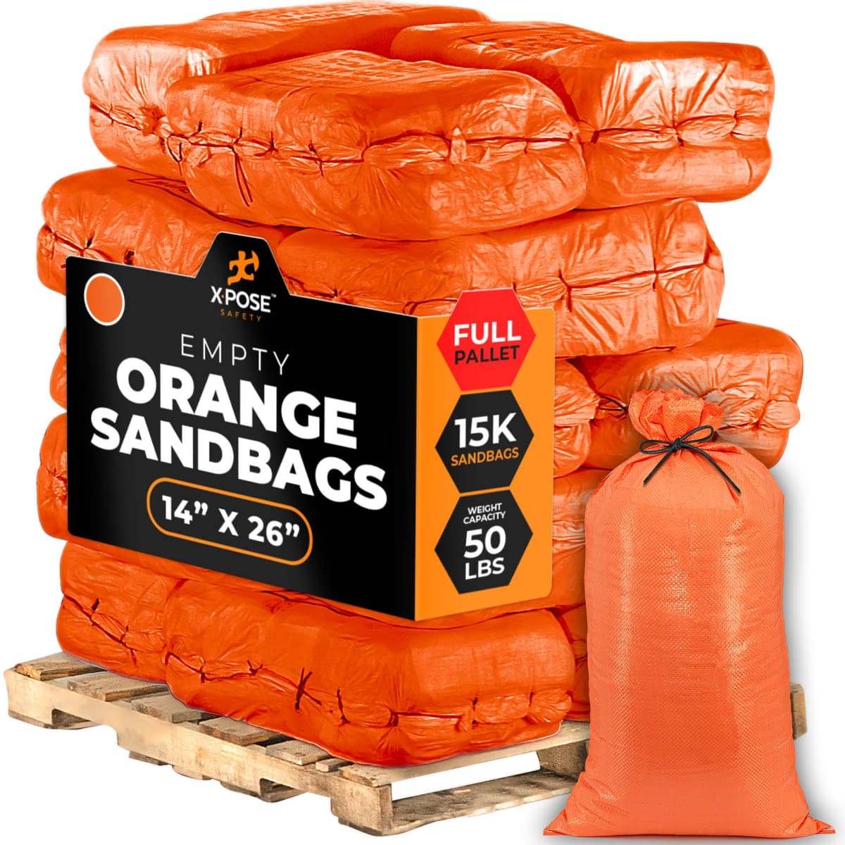 Xpose Safety sacos de arena vacíos 14" x 26" 50 lb, polipropileno resistente, naranja, paquete pallet completo 15,000 SBO-1426-FP15000-X