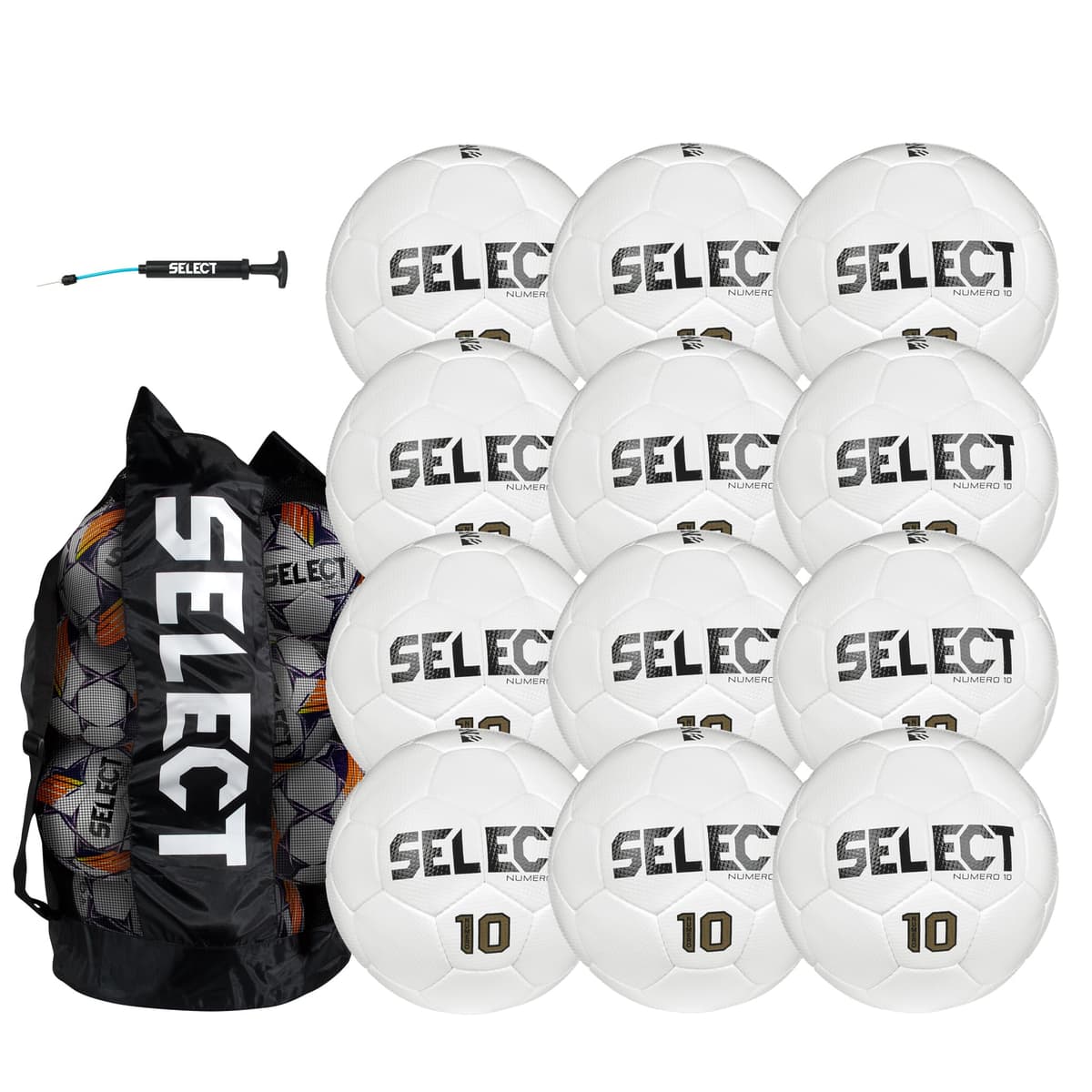Select Numero 10 Balón de fútbol, paquete de 12 con bolsa y bomba de mano, Todo Blanco V25, Talla 5
