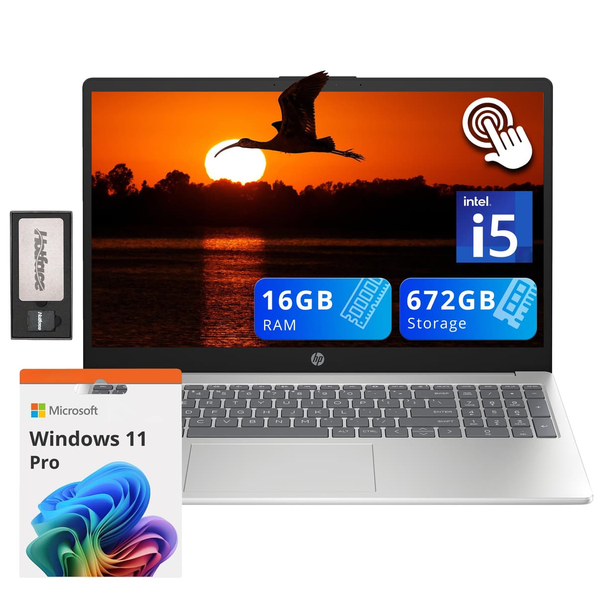 HP Pavilion 15.6" Pantalla táctil HD, Intel i5-1235U, Gráficos Intel Iris Xe, 16 GB RAM, 672 GB Almacenamiento (512 GB SSD + Estación de acoplamiento de 160 GB), Webcam 720p, Teclado numérico, Wi-Fi 6E, Windows 11 Pro, Plateado