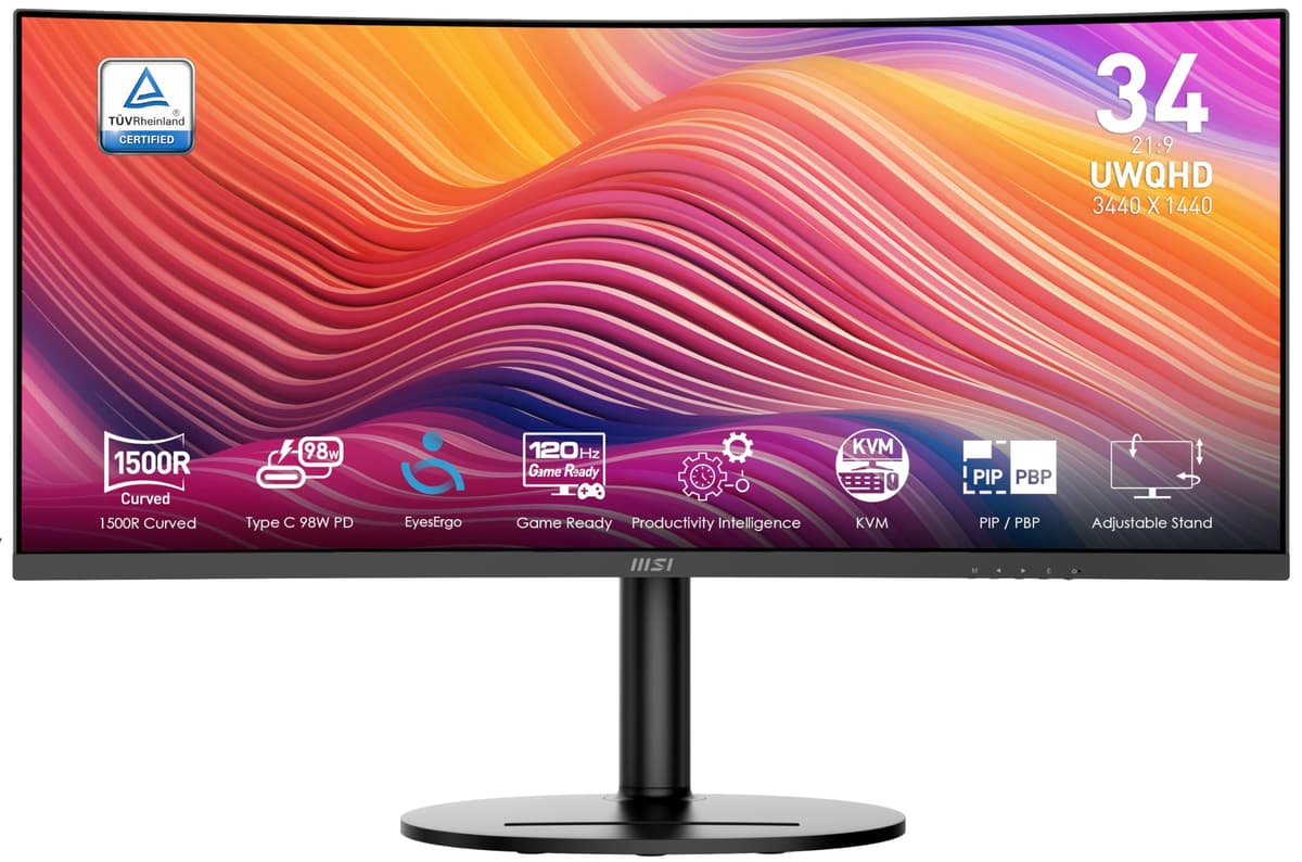 MSI Modern MD342CQP monitor de 34" VA 3440 x 1440 (UWQHD), 120Hz, curvo 1800R, Adaptive-Sync, HDMI, DP, USB-C con Power Delivery 98W, KVM, ajustable en altura, VESA, parlantes, 1 ms, negro
